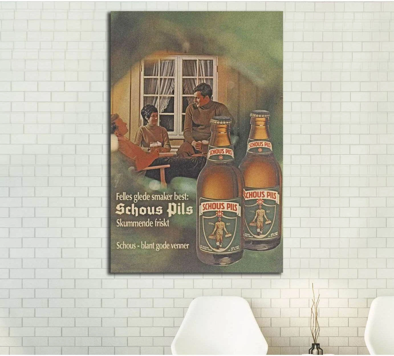 Schous Pils vintage beer poster canvas print hung above chairs on a white brick dining room wall