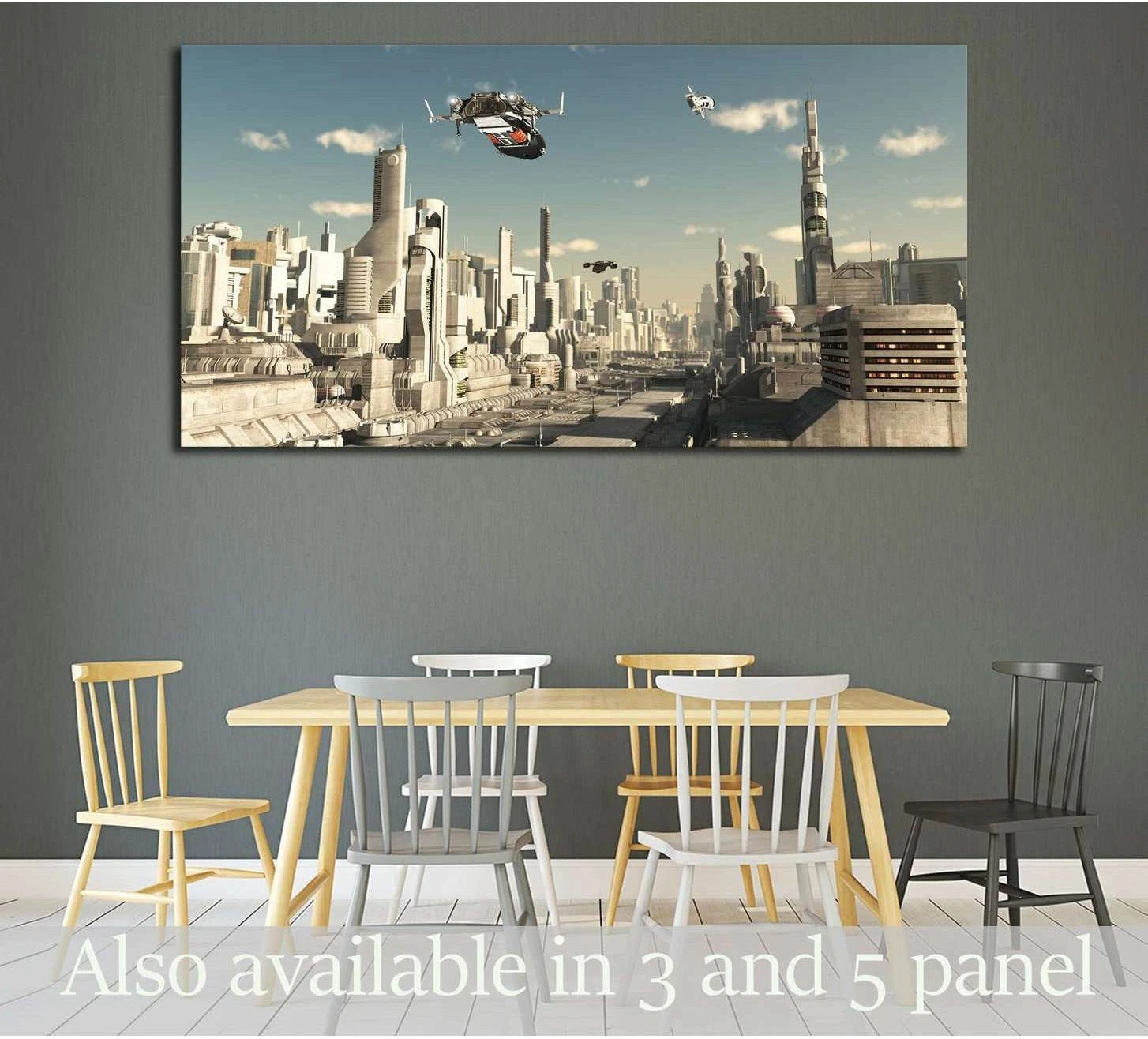 Futuristic city skyline canvas print with flying spacecraft above a panoramic sci fi metropolis