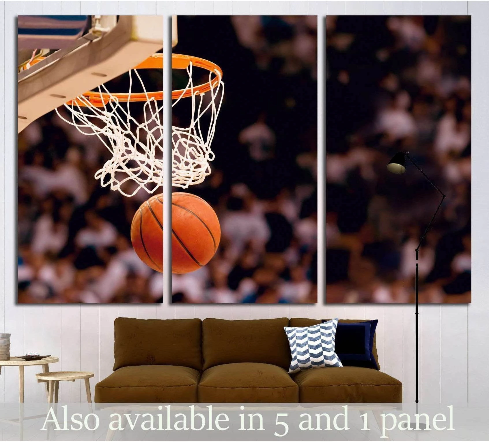 Basketball hoop canvas print with ball dropping through the net in a triptych living room mockup