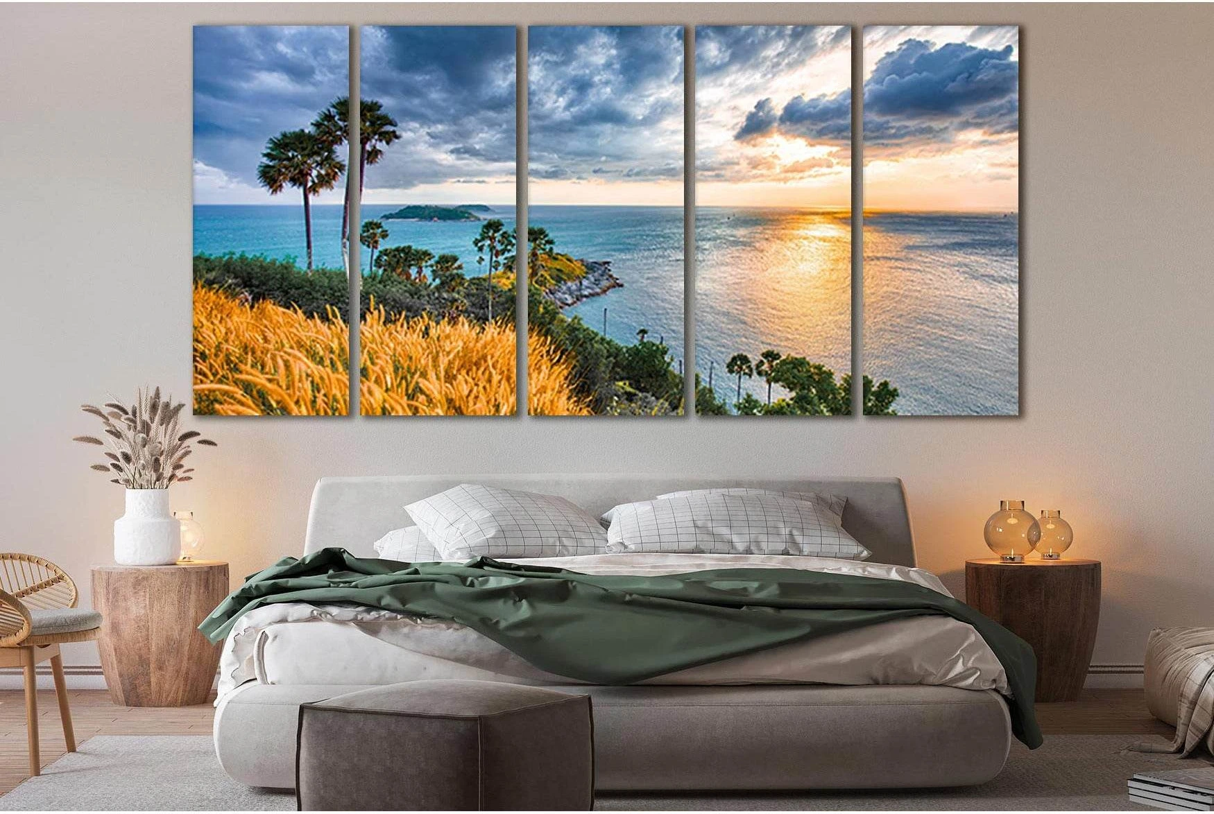Blue and Gold Sunrise Ocean Seascape Wall Art with Palm Trees showing sea water, shoreline and horizon depth.