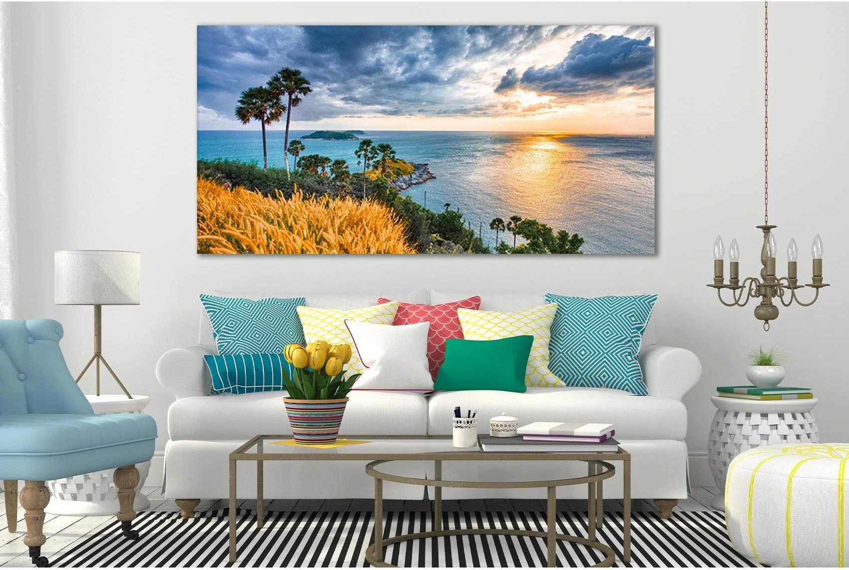 Sunrise ocean seascape in blue and gold with palm trees, clouds and golden grasses detail view