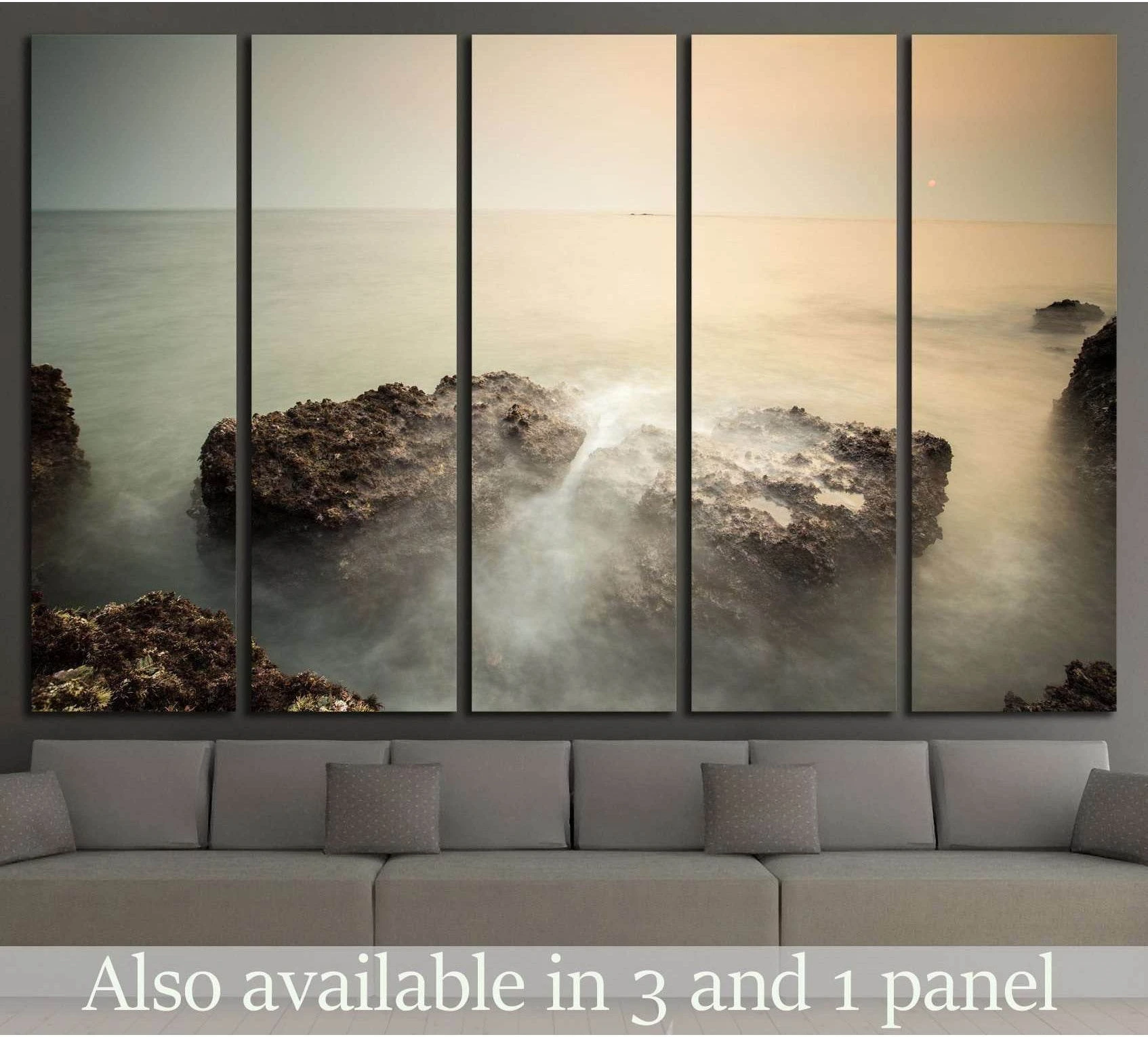 Goa seascape canvas print with rocky shore and soft long-exposure water above a sofa
