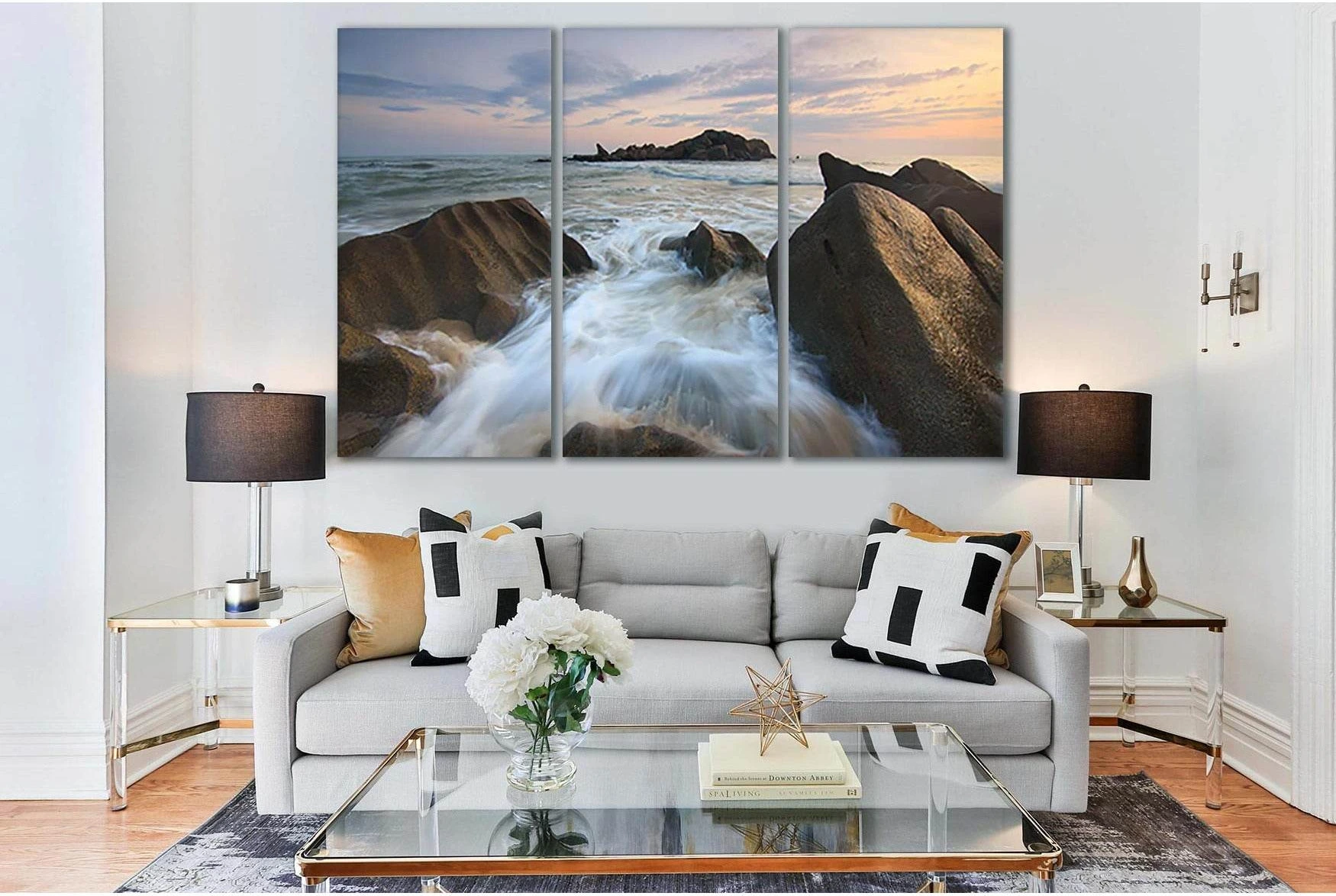 Dusk Ocean Seascape Wall Art Canvas Print in Blue & Beige showing sea water, shoreline and horizon depth.