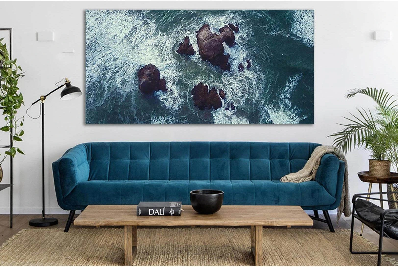 Moody Ocean Rocks Wall Art in Navy Blue Teal Canvas Print showing blue ocean wall art with water and coastal depth.