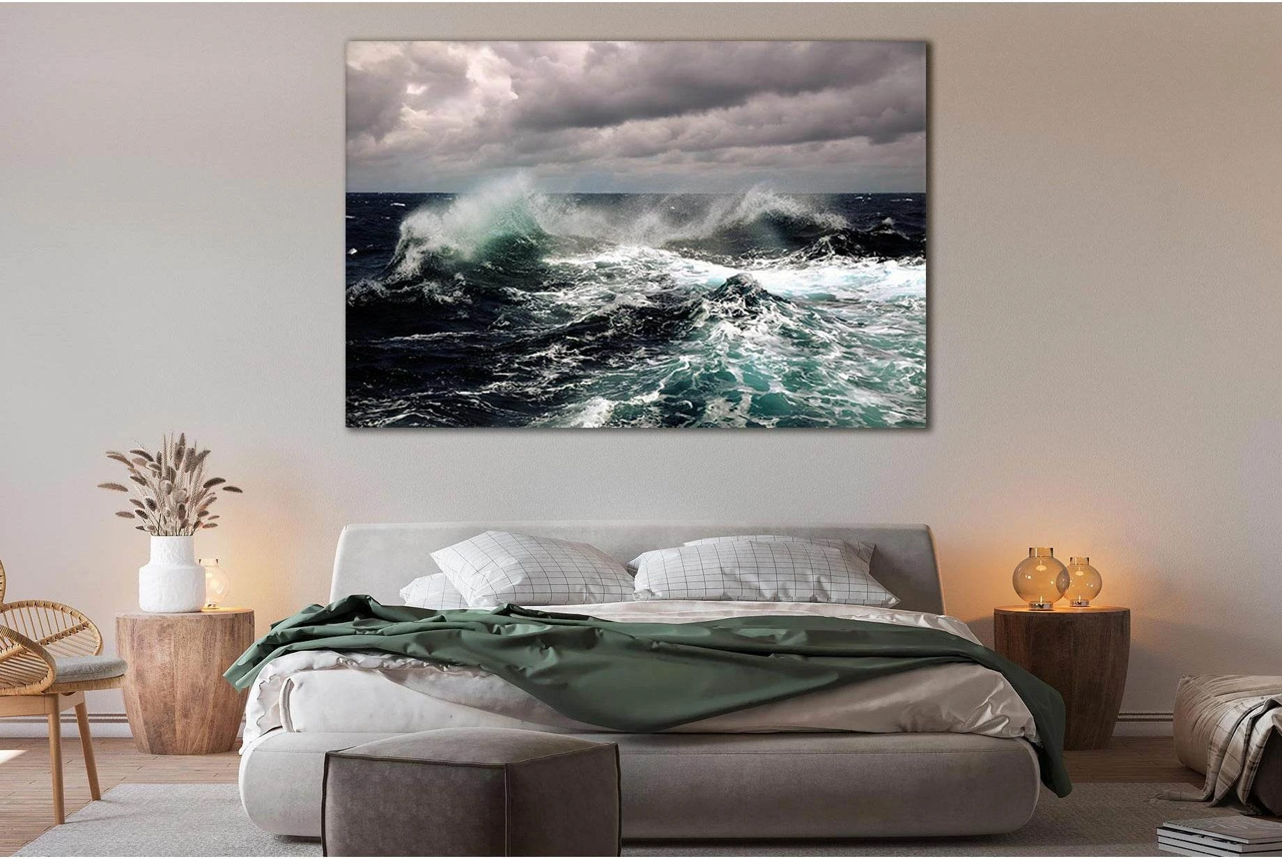 Stormy ocean waves with teal water and white foam beneath grey storm clouds
