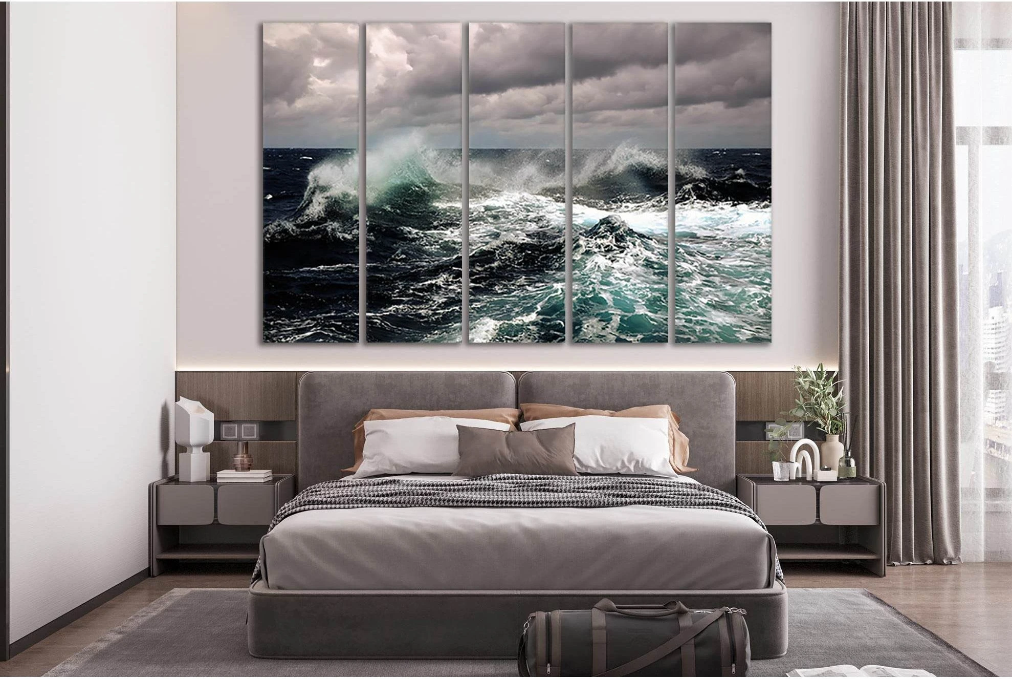 Stormy ocean waves with teal water and white foam beneath grey storm clouds detail view