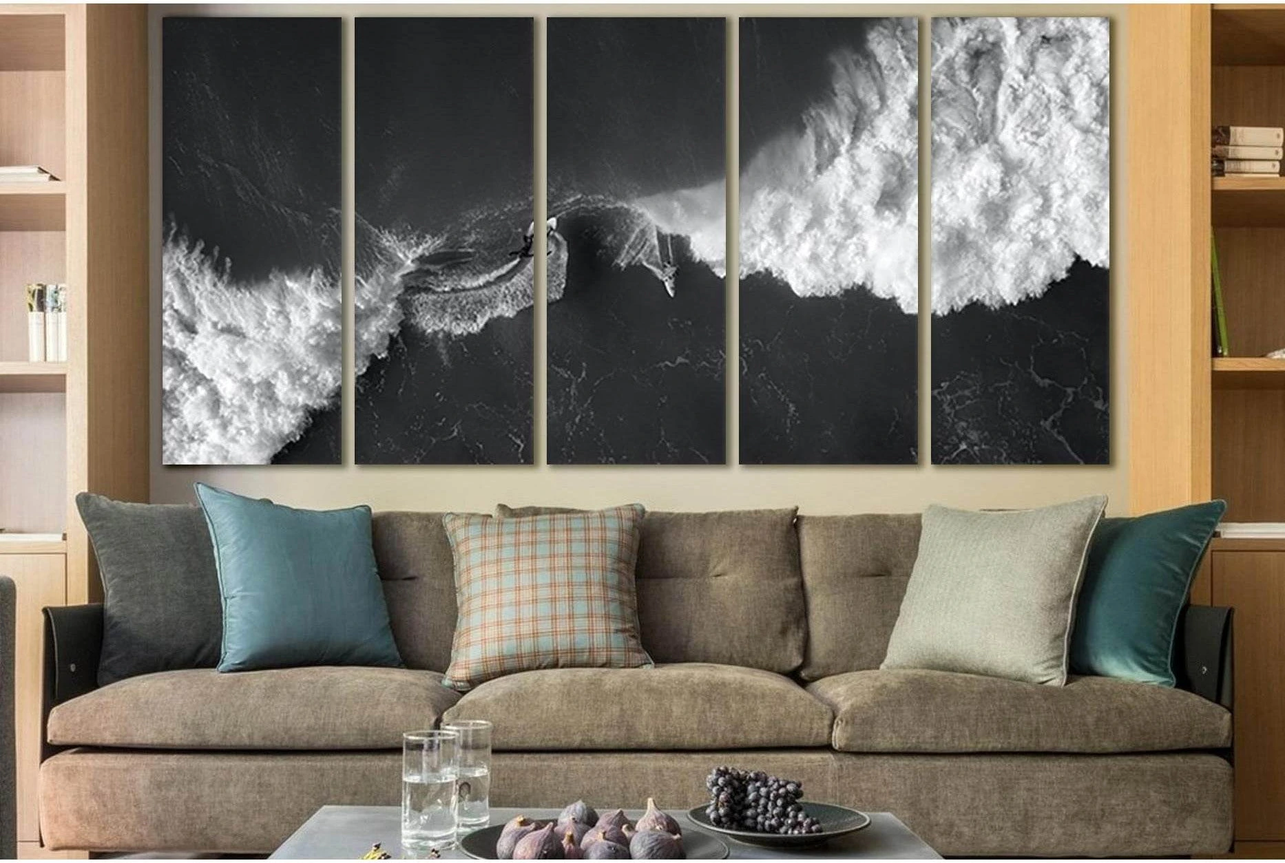 Sea Waves & Surfers №SL851 Ready to Hang Canvas Print - Zellart Canvas Prints 0new, ALL_Products, Black & White Wall Art
