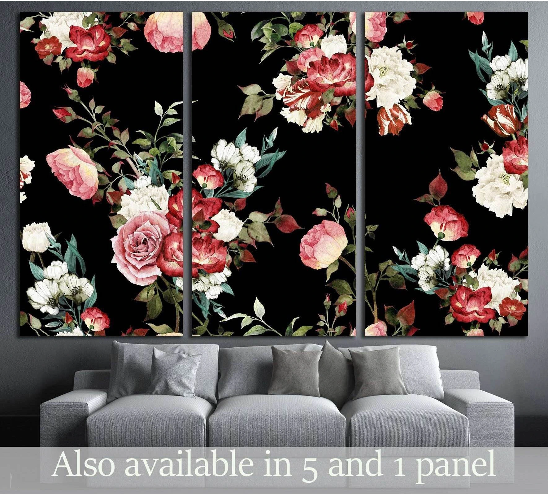Black floral triptych canvas print with pink, red, and cream watercolor roses on a dark background above a gray sofa
