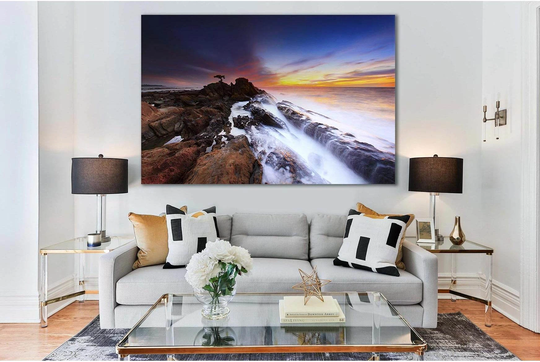 Blue, Gold & Orange Seascape Sunset Canvas Print Wall Art showing sea water, shoreline and horizon depth.