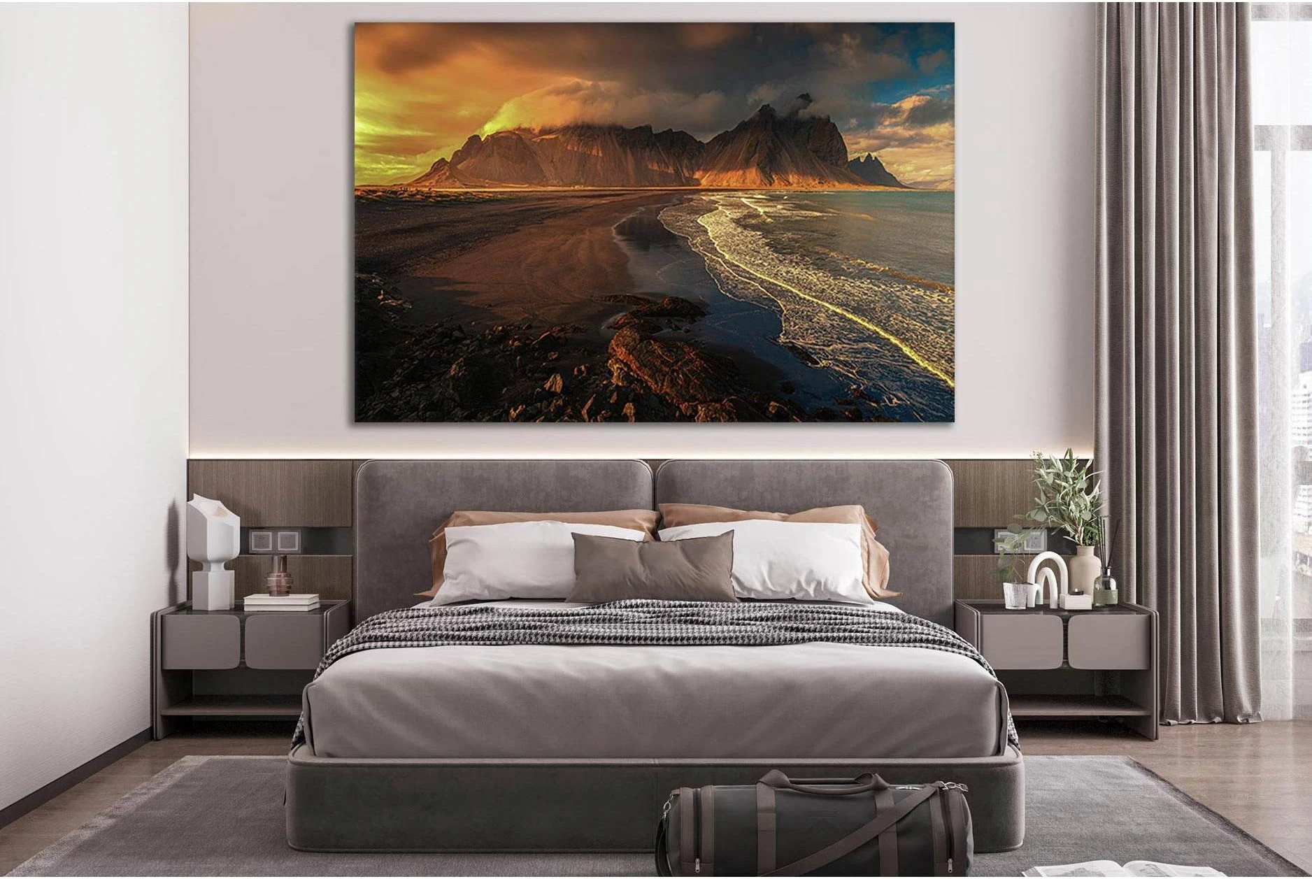 Seascape Sunset With Hills Canvas Print | Wall Art showing sea water, shoreline and horizon depth.