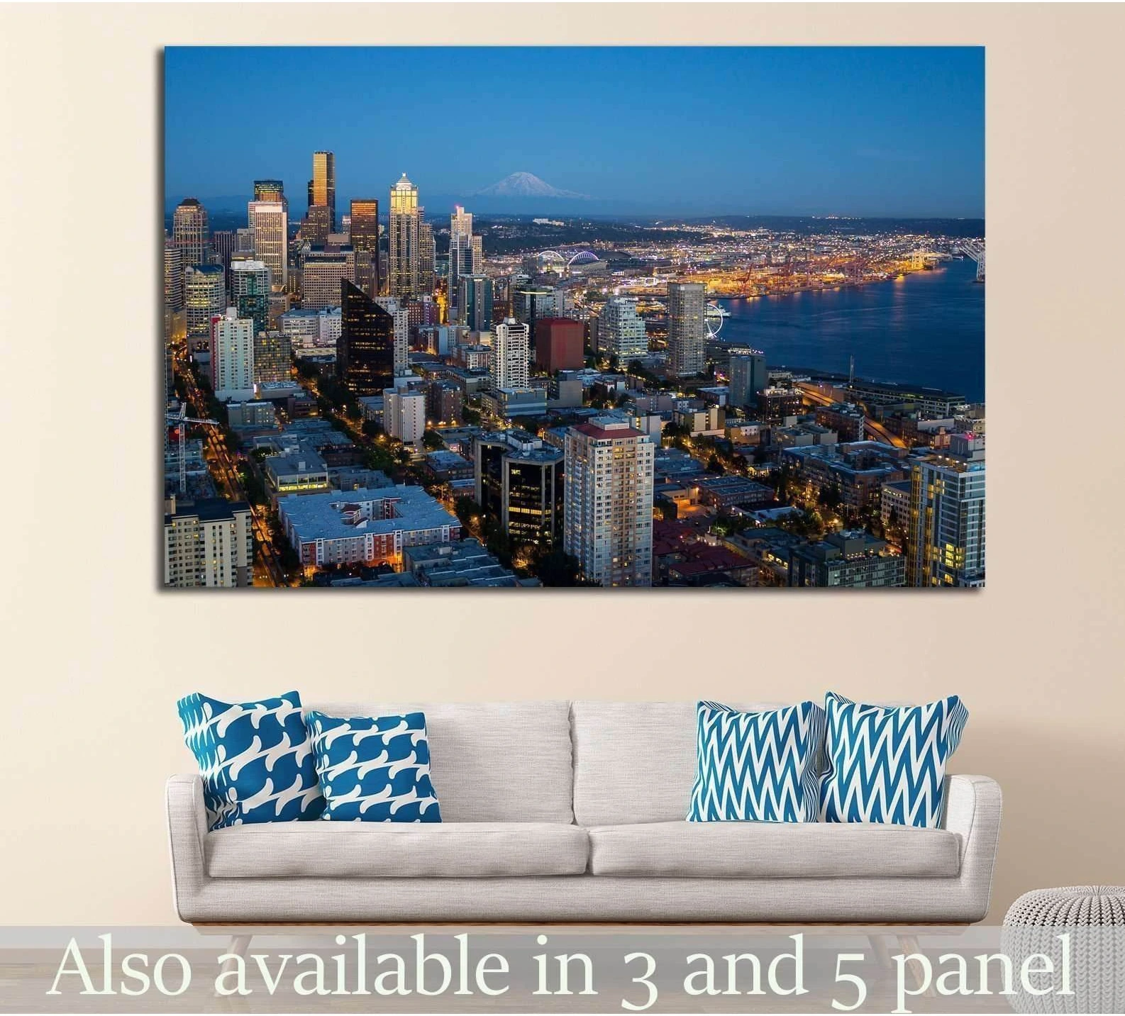 Seattle skyline canvas print with waterfront lights and Mount Rainier above sofa