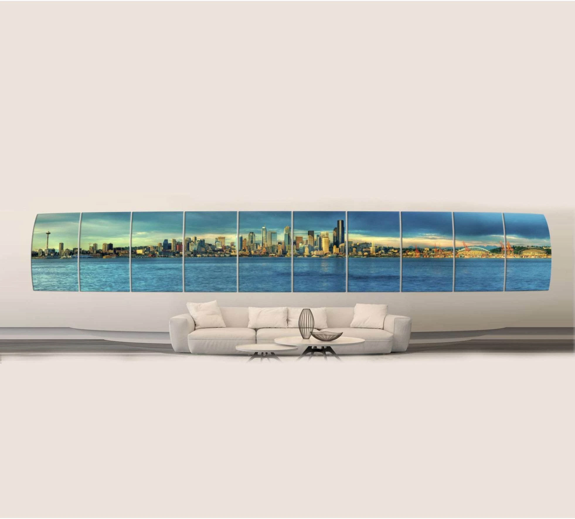 Seattle skyline panoramic canvas print above a sofa in a modern living room