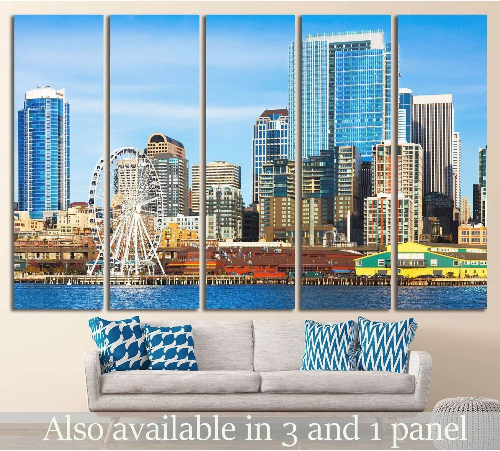 Seattle skyline canvas print with waterfront, Great Wheel, and downtown towers above a sofa