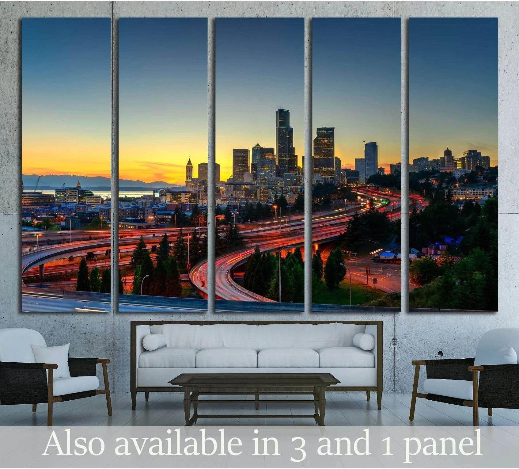 Seattle skyline canvas print with sunset traffic trails, shown as five panels above a sofa in a modern living room