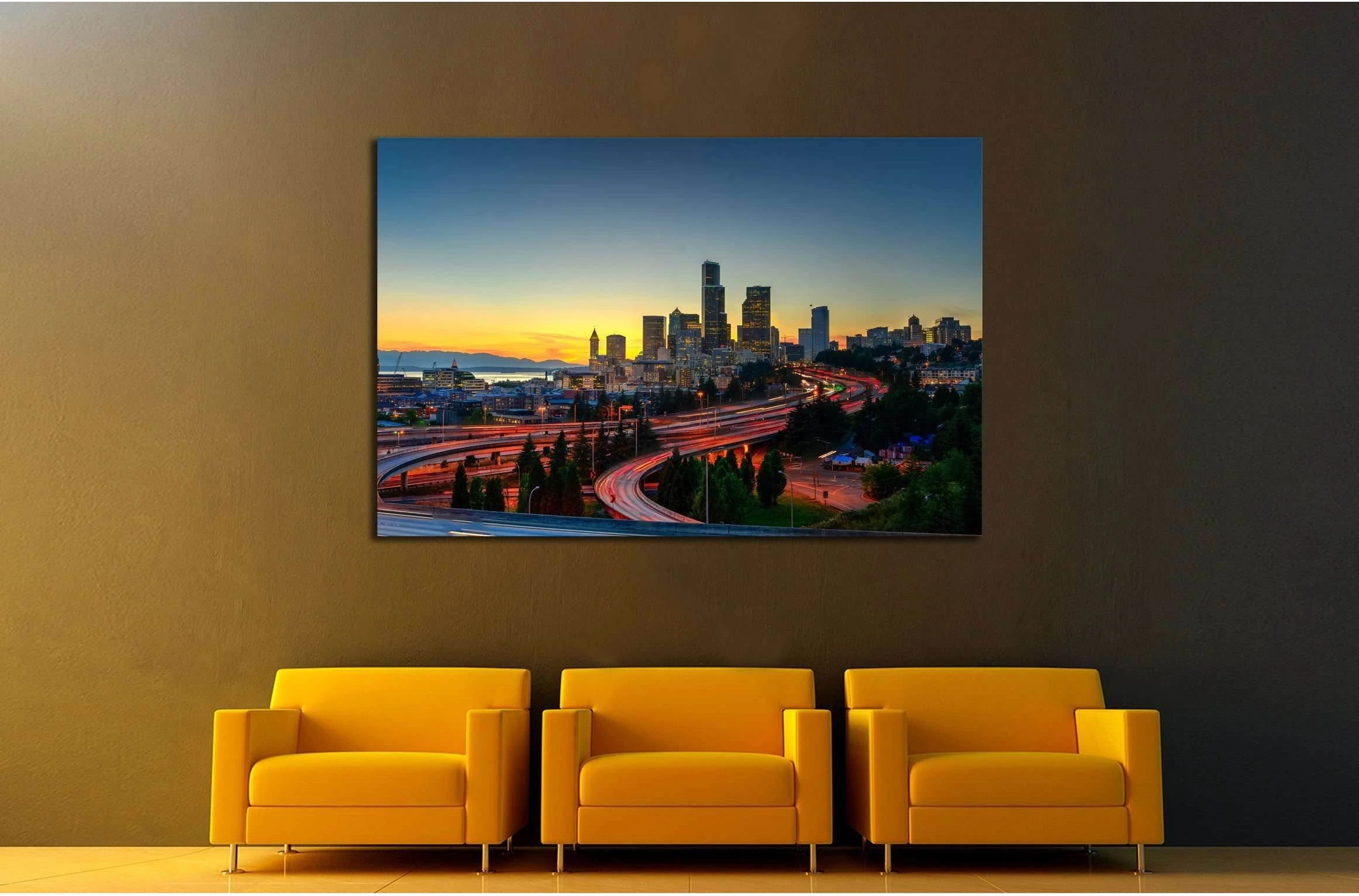 Seattle skylines and highway traffic motion in the sunset. The view from Rizal Park in Seattle, Washington, US №2180 Ready to Hang Canvas Print - Zellart Canvas Prints ALL_Products, s-2180