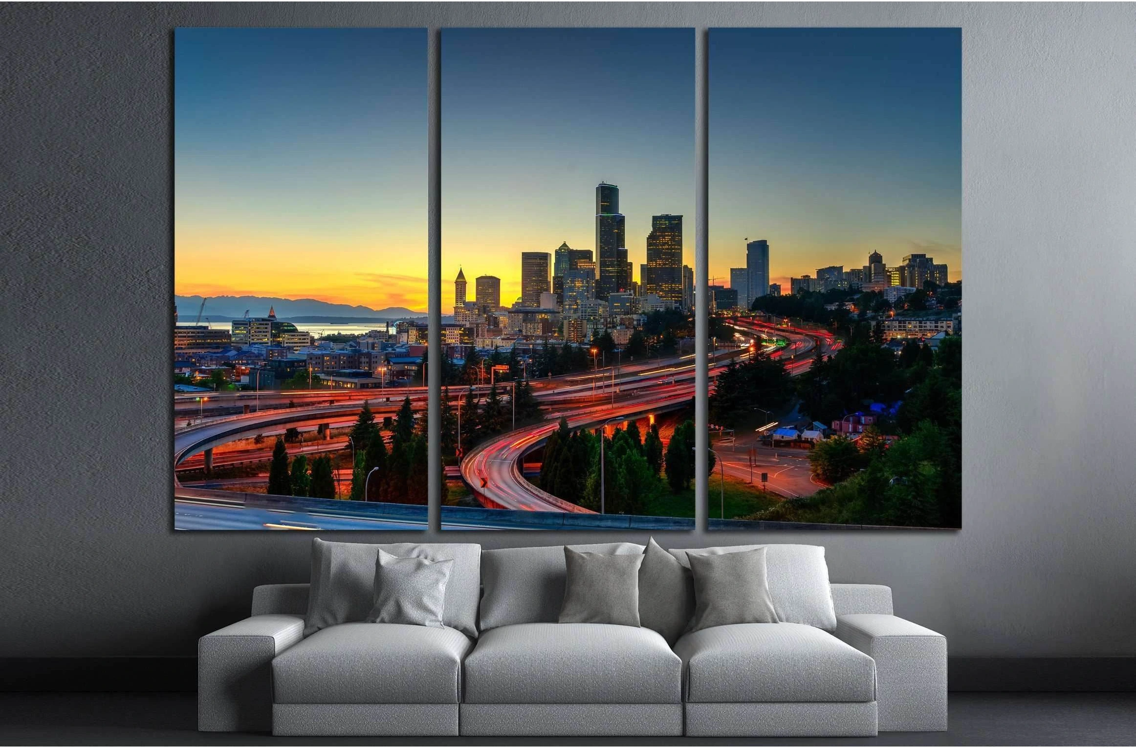 Seattle skylines and highway traffic motion in the sunset. The view from Rizal Park in Seattle, Washington, US №2180 Ready to Hang Canvas Print - Zellart Canvas Prints ALL_Products, s-2180