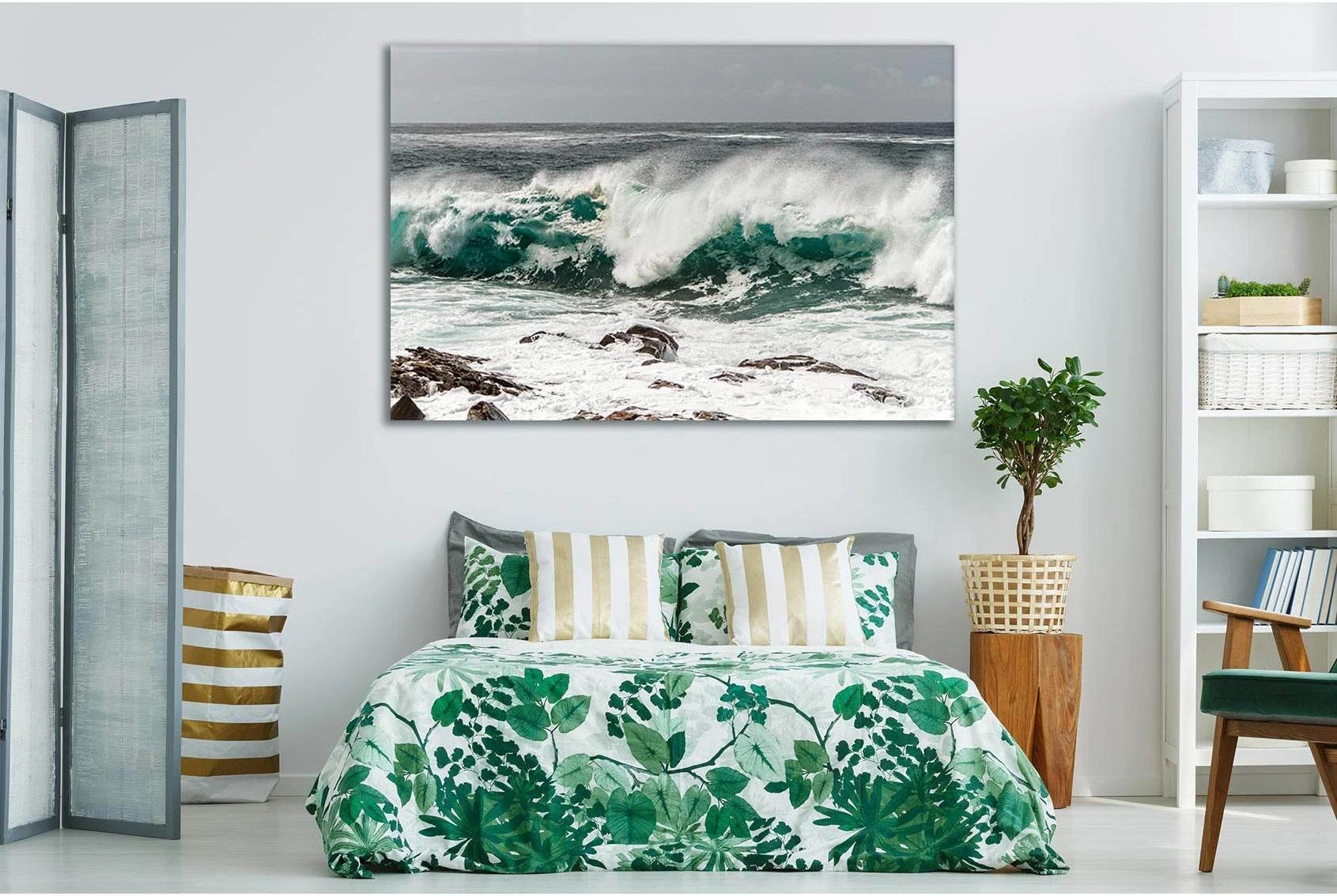 Seawaves Crashing On Rocky Shore Canvas Print showing ocean water, wave movement and surf.