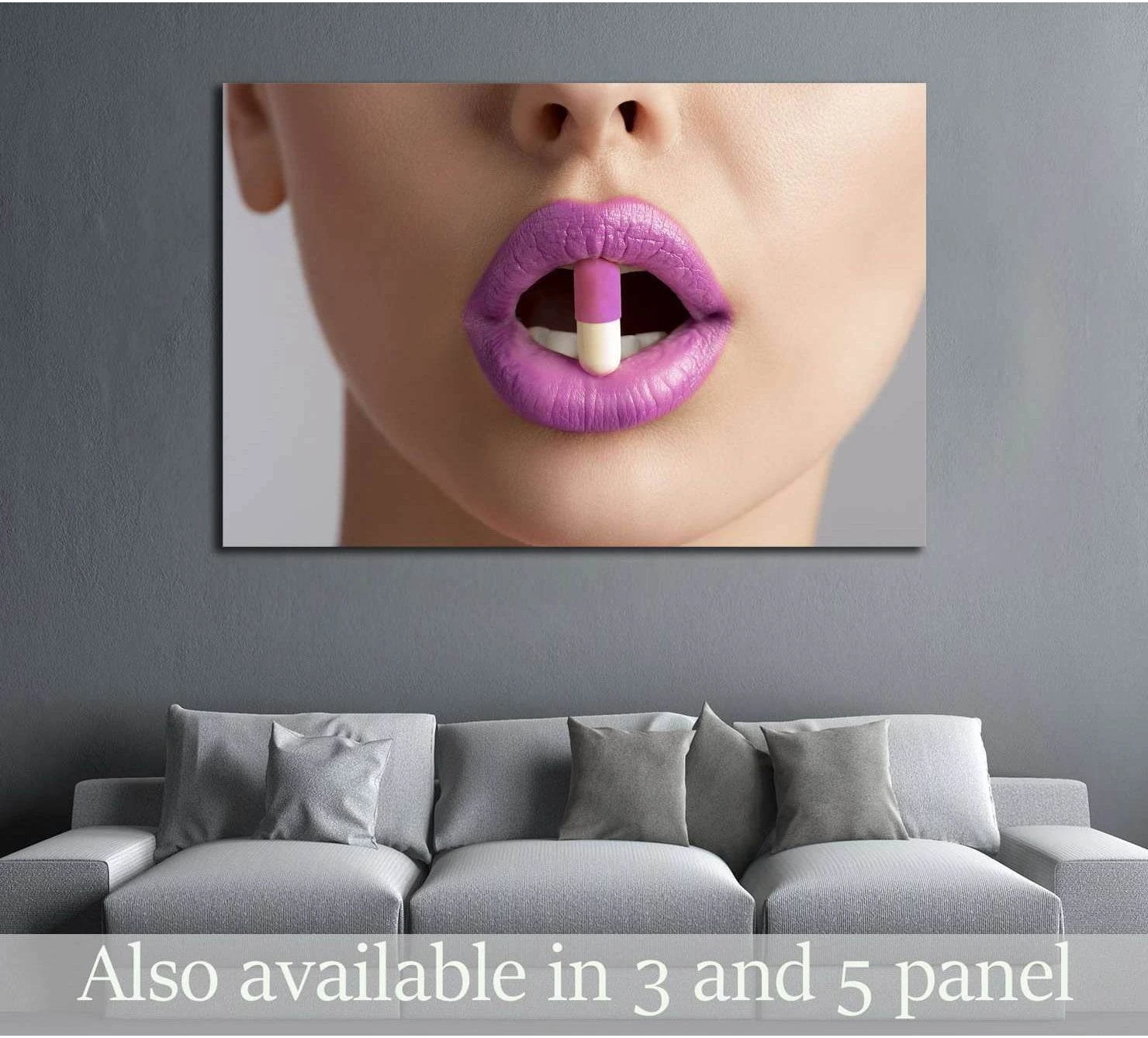 Close-up purple lips canvas print with capsule, displayed above a sofa in a modern gray living room