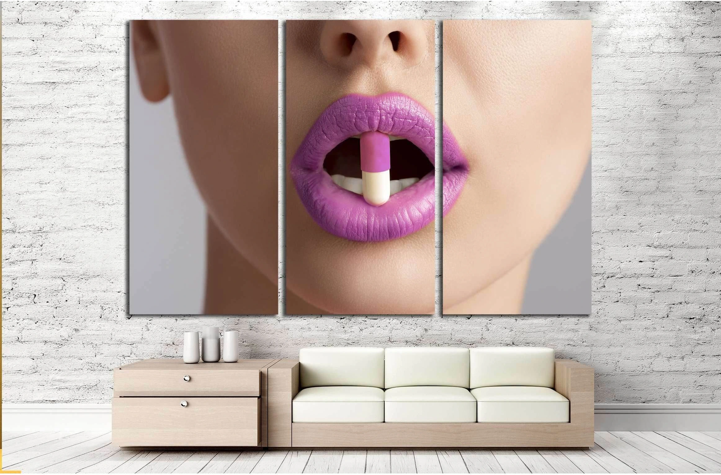 sensual female mouth in close-up portrait with coloured pill between lips №2773 Ready to Hang Canvas Print - Zellart Canvas Prints ALL_Products, s-2773