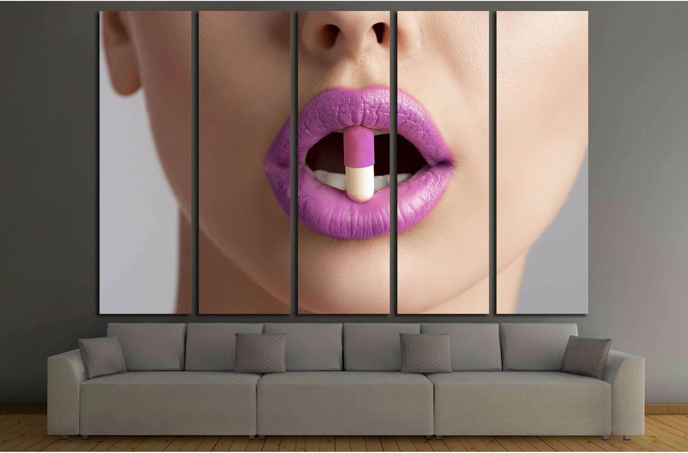 sensual female mouth in close-up portrait with coloured pill between lips №2773 Ready to Hang Canvas Print - Zellart Canvas Prints ALL_Products, s-2773