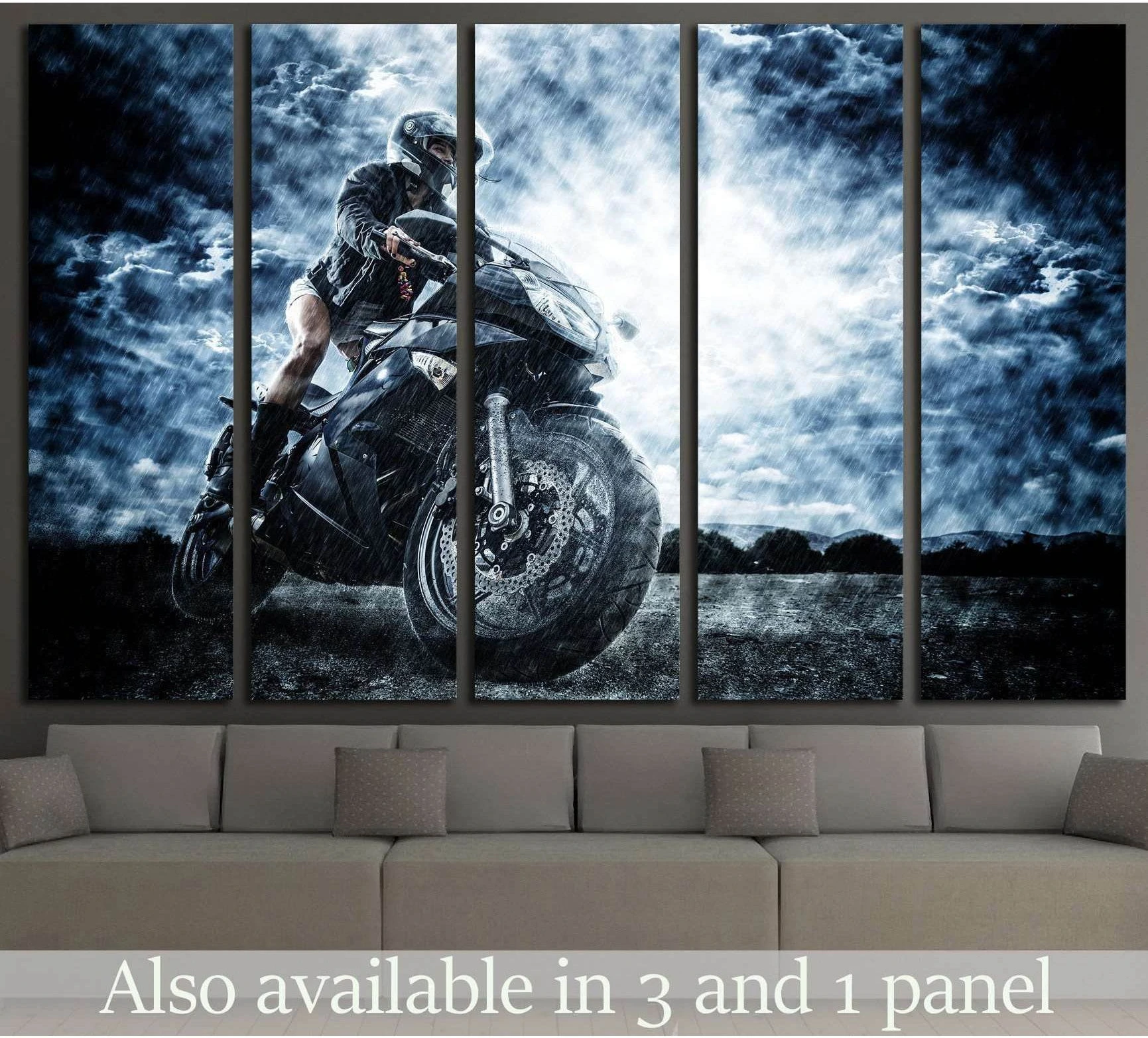 Female biker canvas print on a sport motorcycle under a stormy sky above a modern sofa