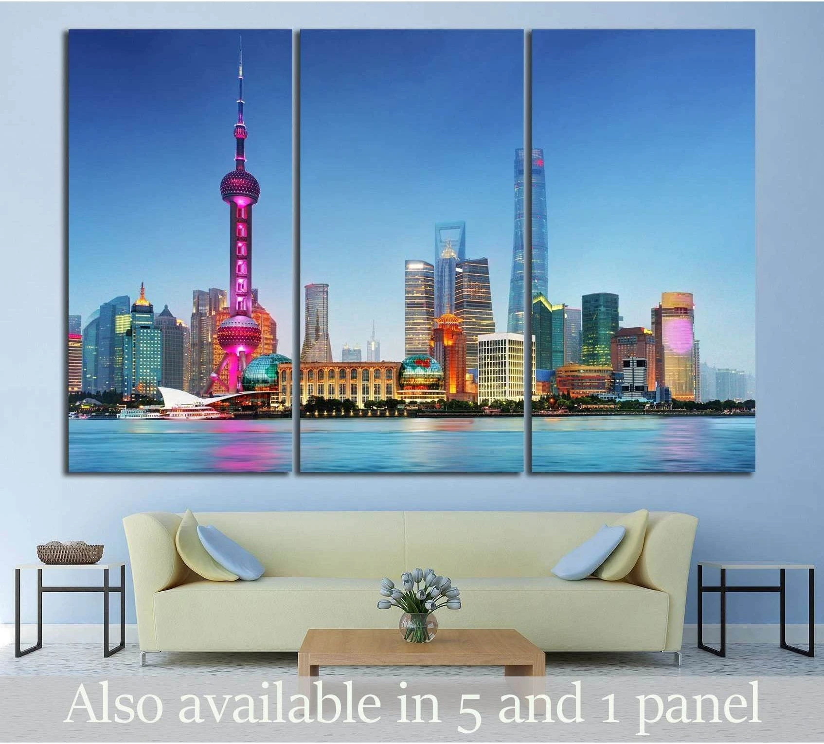 Shanghai skyline triptych canvas print with Oriental Pearl Tower above a sofa in a modern living room