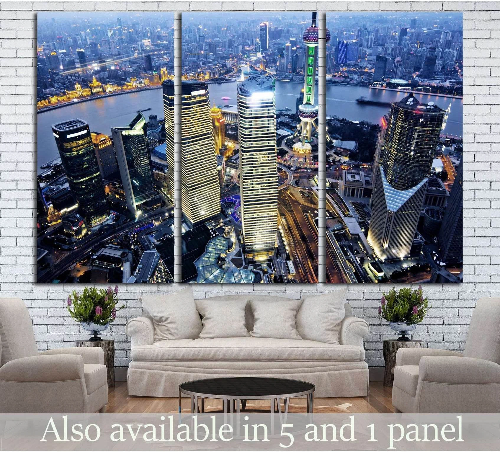 Shanghai skyline canvas print with Oriental Pearl Tower and Huangpu River at dusk