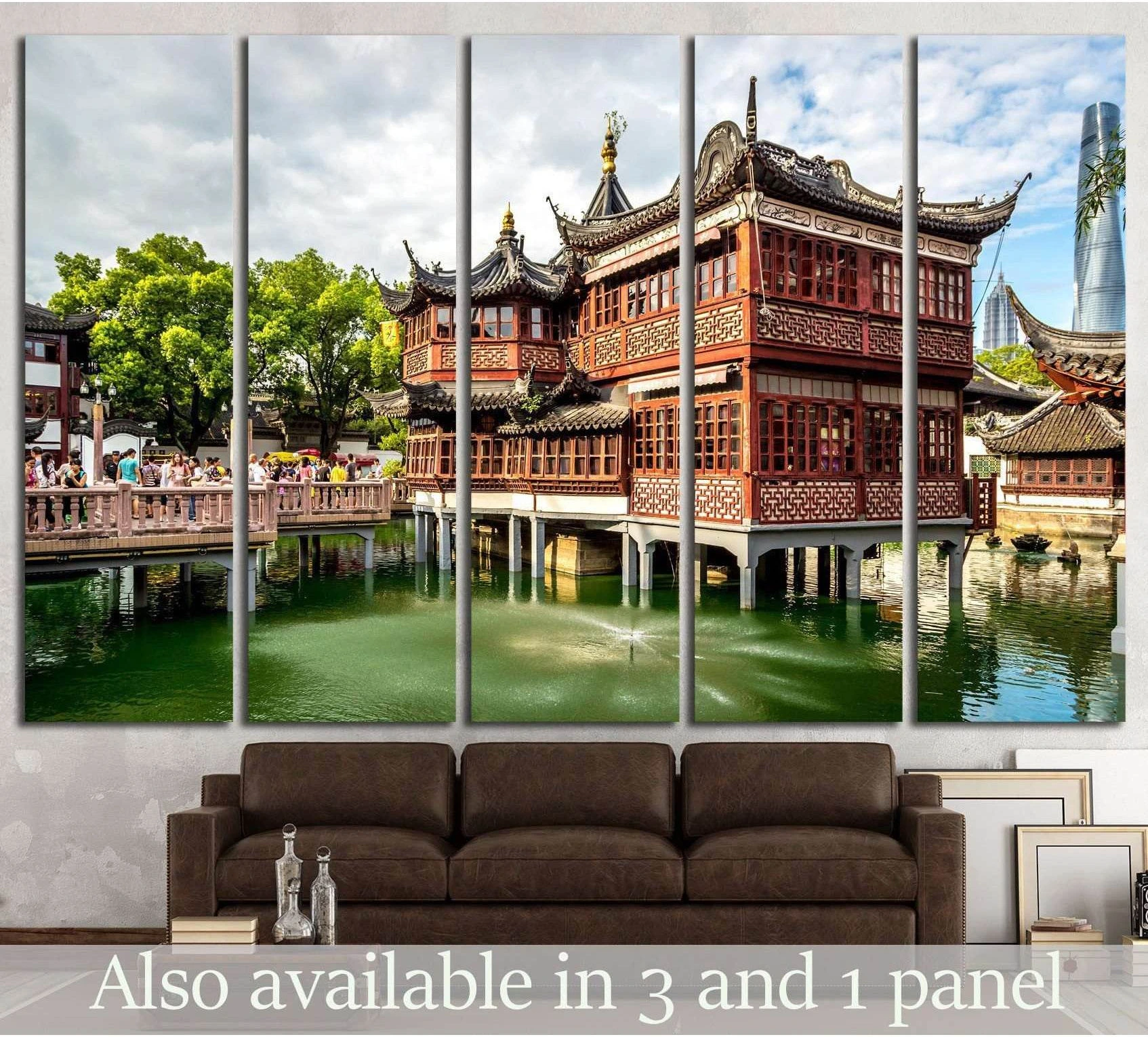 Shanghai pavilion canvas print of a traditional Chinese teahouse above green water in a modern living room