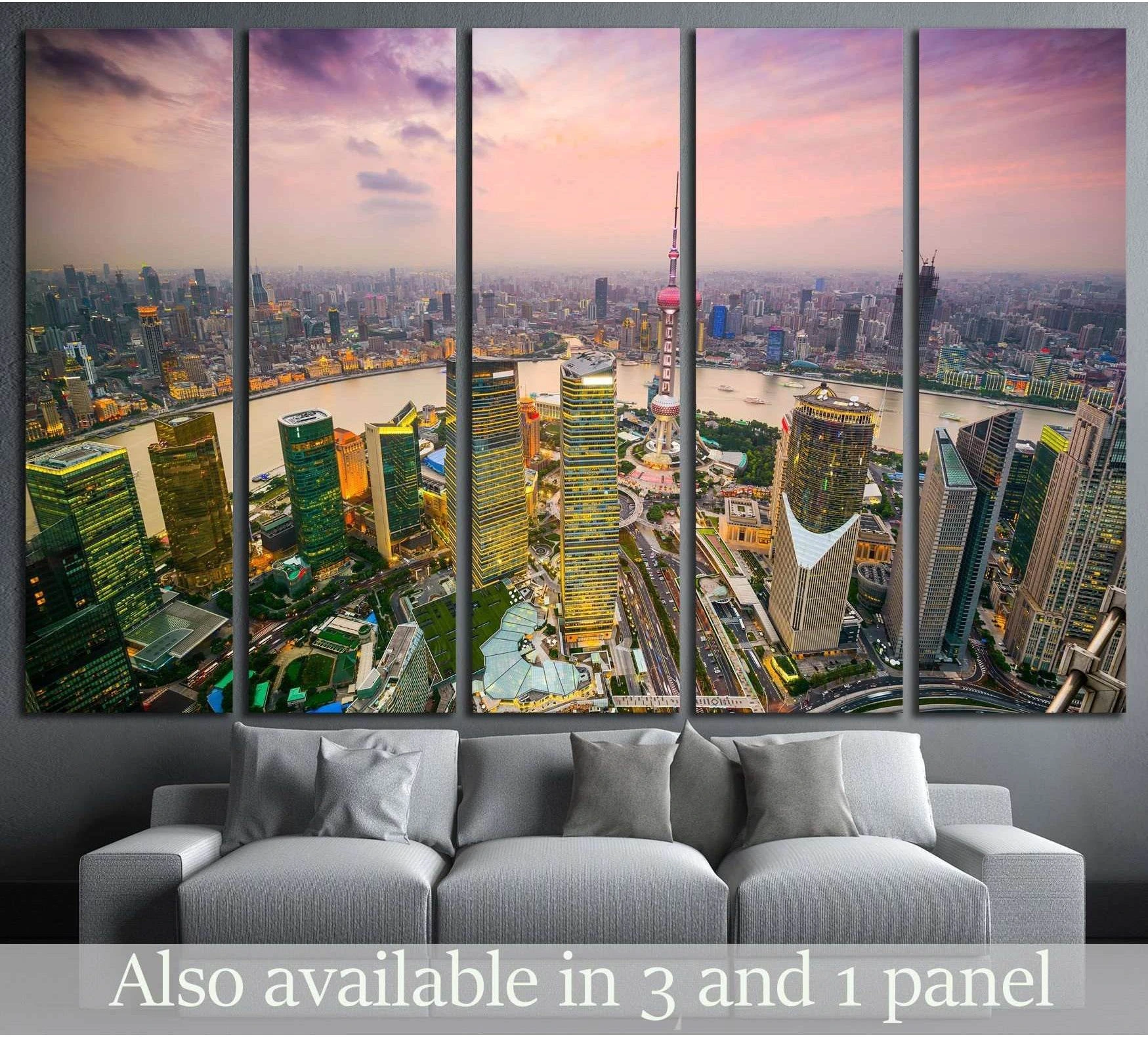 Shanghai skyline canvas print with Oriental Pearl Tower and Huangpu River at sunset above a gray sofa