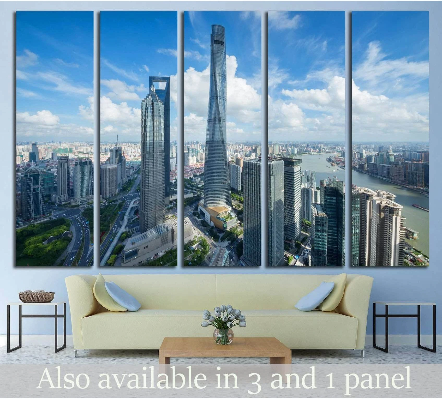 Five-panel Shanghai skyline canvas print with Jin Mao Tower and Shanghai Tower above a sofa