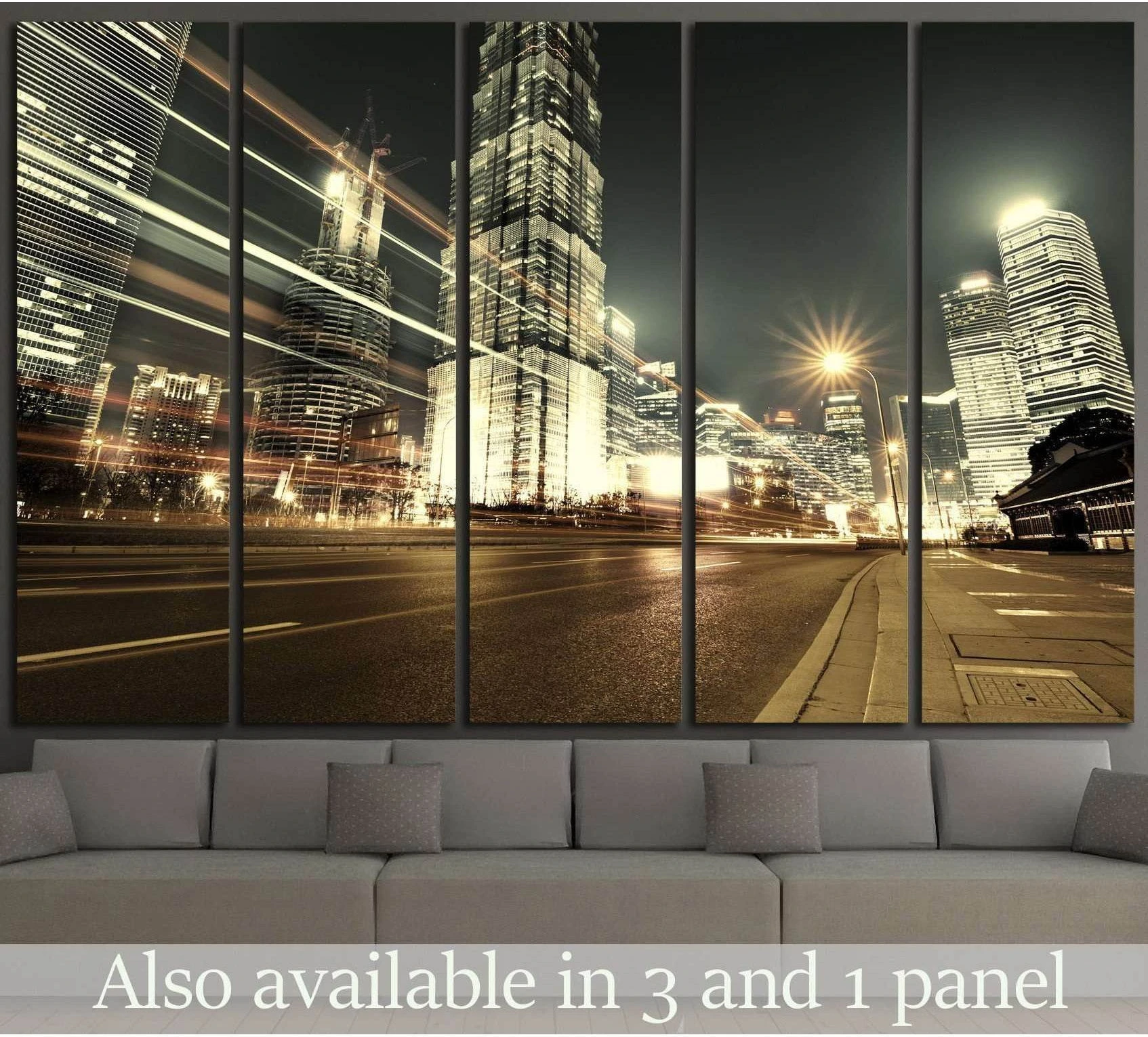 Shanghai Lujiazui skyline canvas print with golden night towers displayed above a sofa