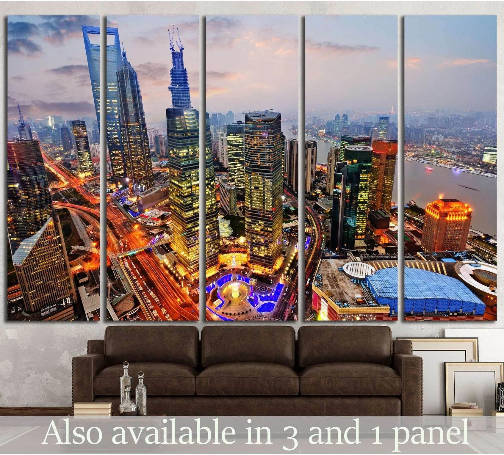 Shanghai Lujiazui skyline canvas print above a sofa with Huangpu River and illuminated towers at dusk