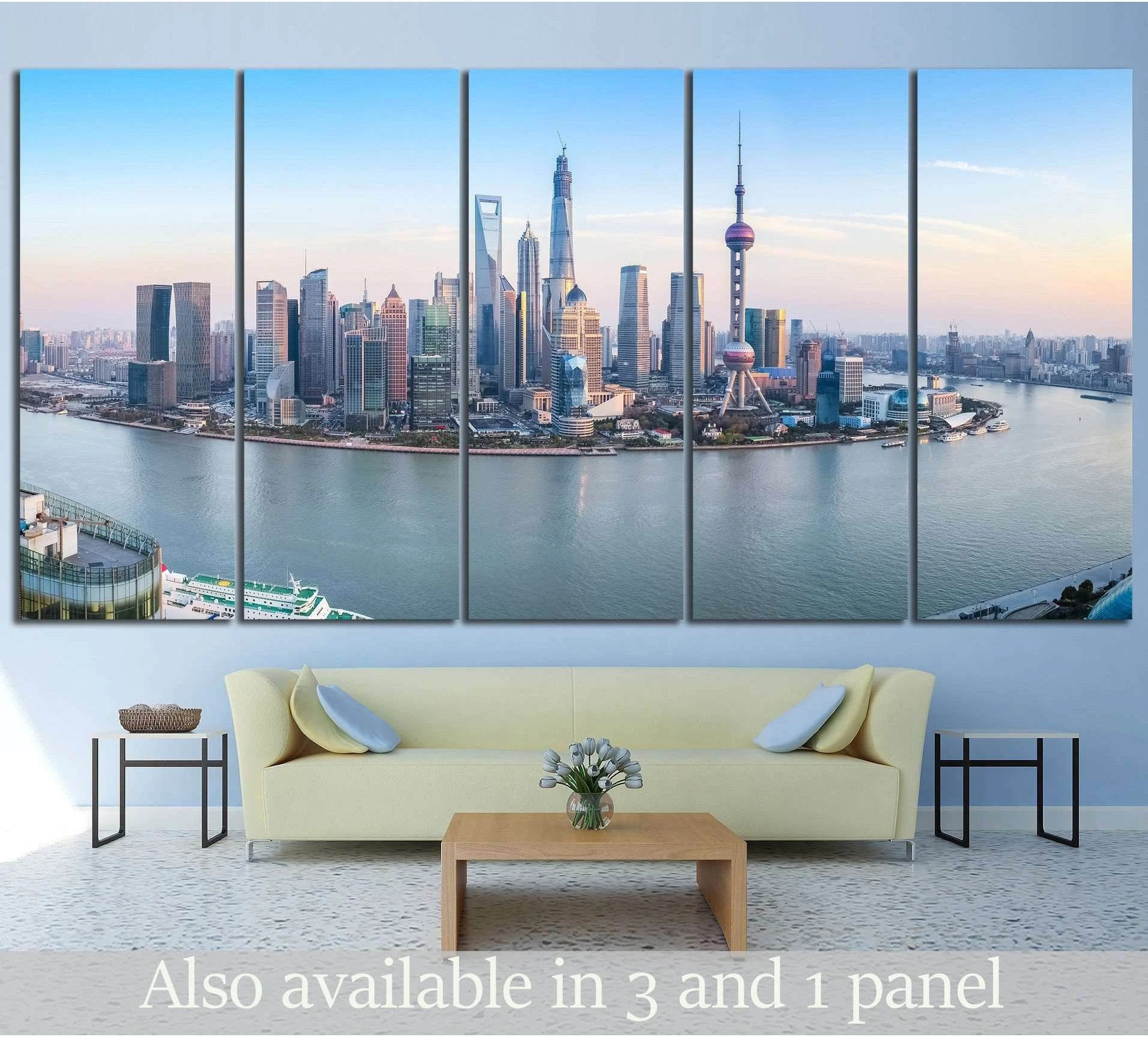 Shanghai skyline canvas print with Pudong skyscrapers over the Huangpu River at dawn above a sofa