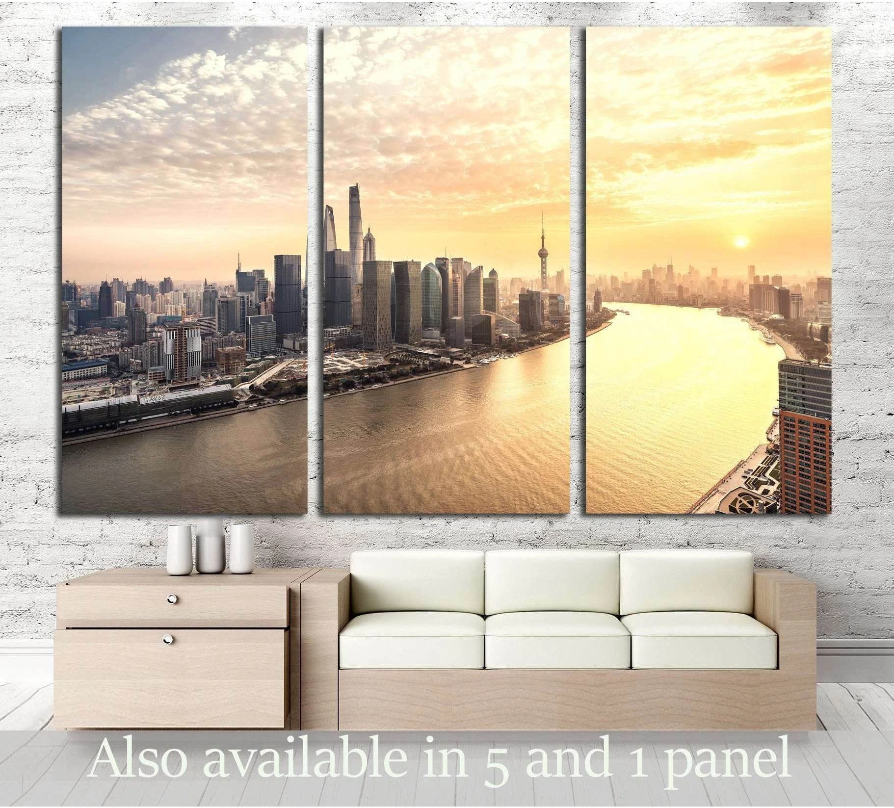 Shanghai skyline triptych canvas print above sofa with golden sunset over the Huangpu River
