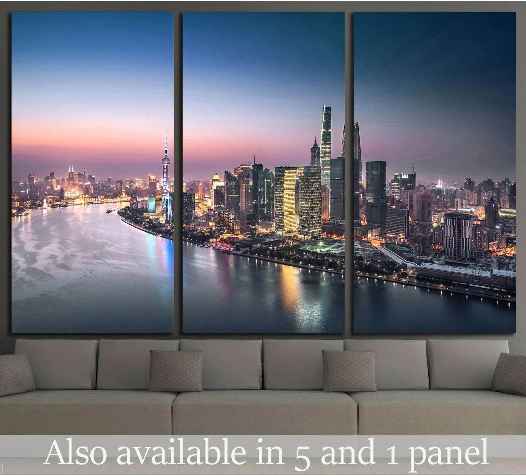 Shanghai skyline triptych canvas print with Pudong skyscrapers at dusk above a sofa