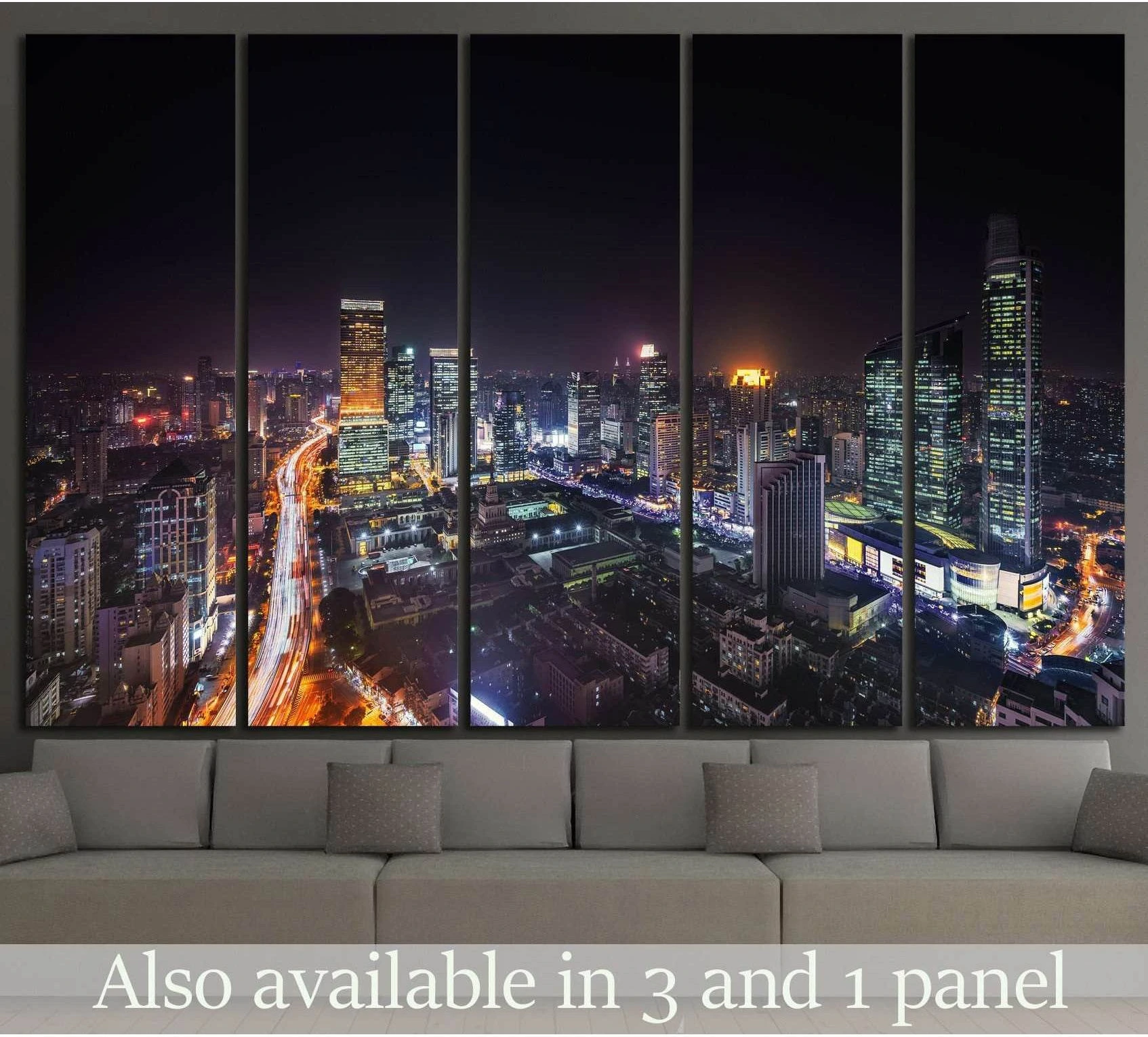 Shanghai skyline night canvas print with glowing city lights above a sofa in a modern living room