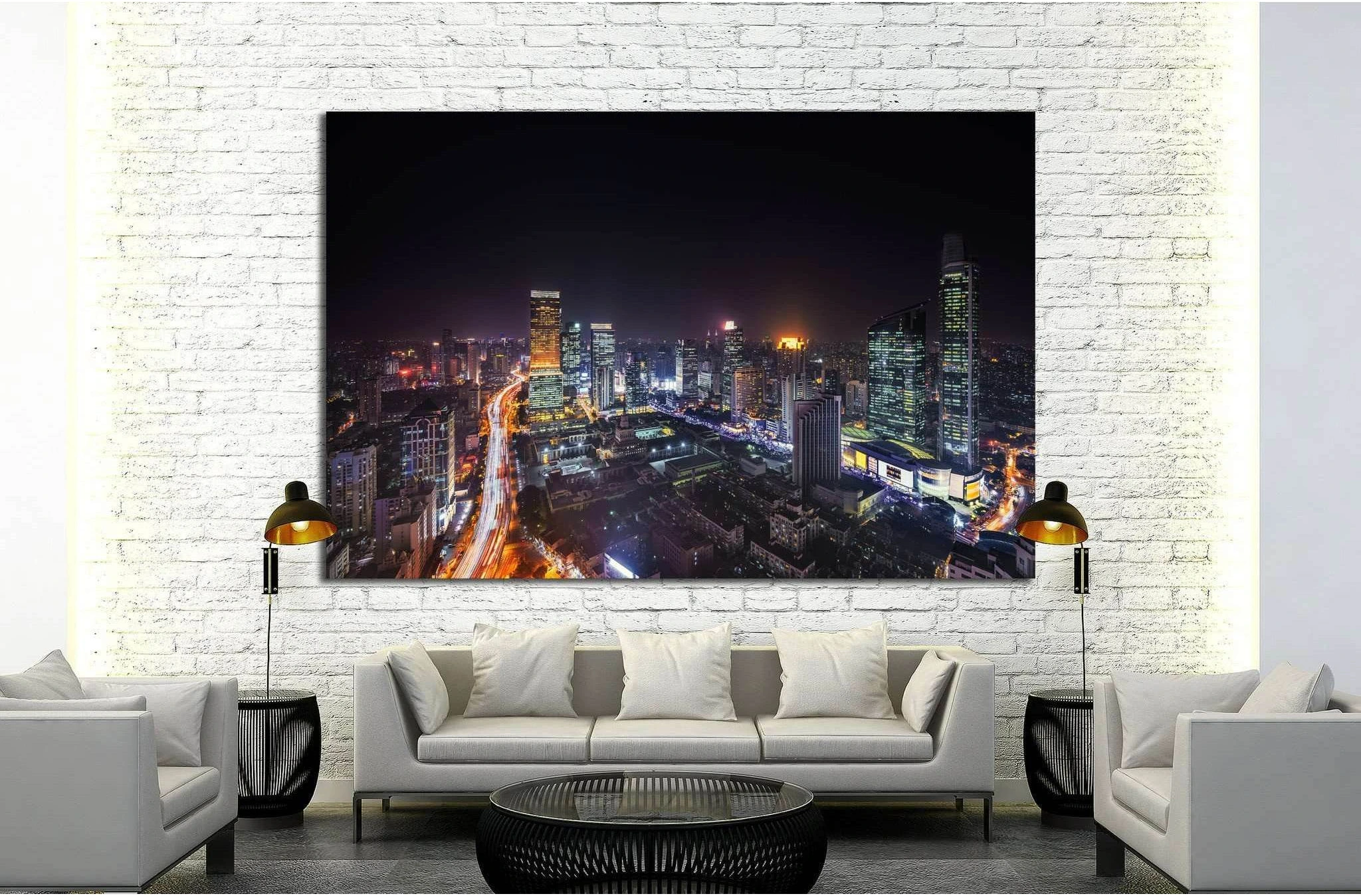 Shanghai skyline and cityscape at night №1278 Ready to Hang Canvas Print - Zellart Canvas Prints ALL_Products, s-1278
