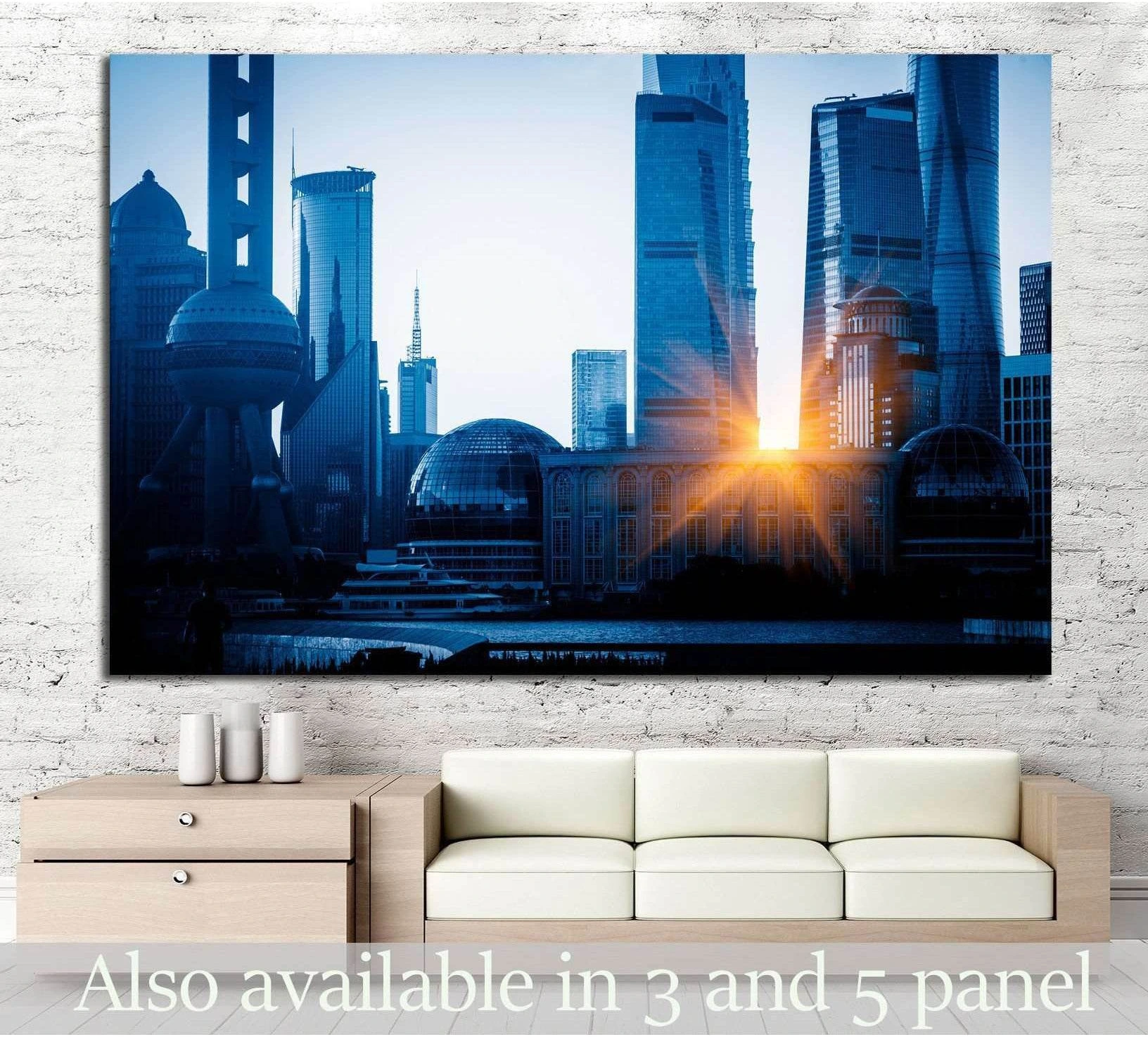 Shanghai skyline canvas print with Oriental Pearl Tower at sunrise above a modern sofa