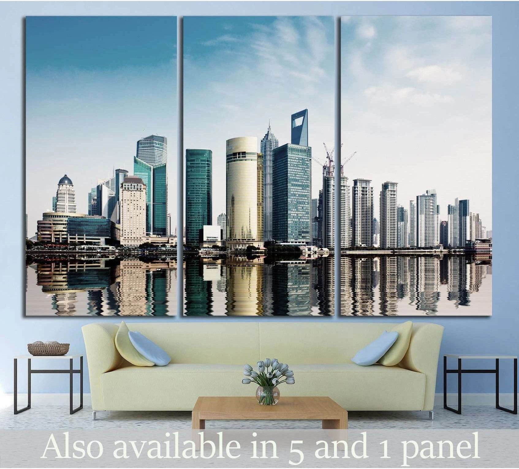 Shanghai skyline triptych canvas print with daytime skyscrapers and water reflections above a sofa
