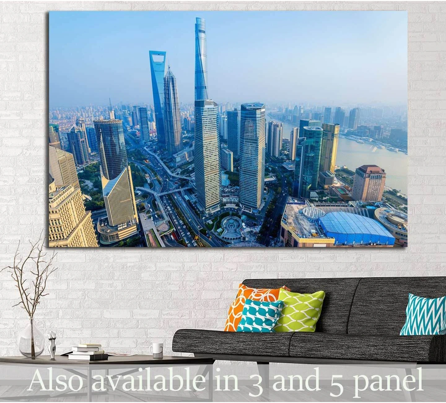 Shanghai skyline canvas print with Pudong skyscrapers above sofa in a modern living room