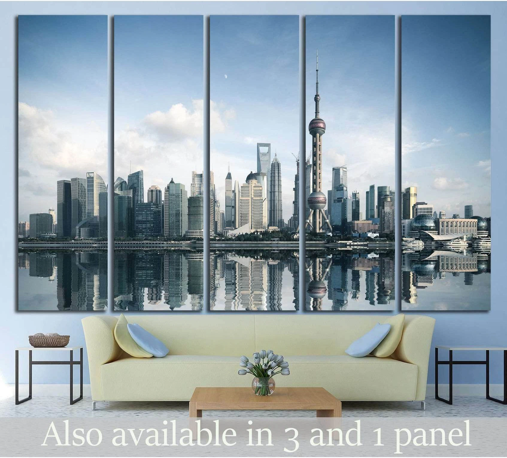Shanghai skyline canvas print with river reflection hung above sofa in a modern living room