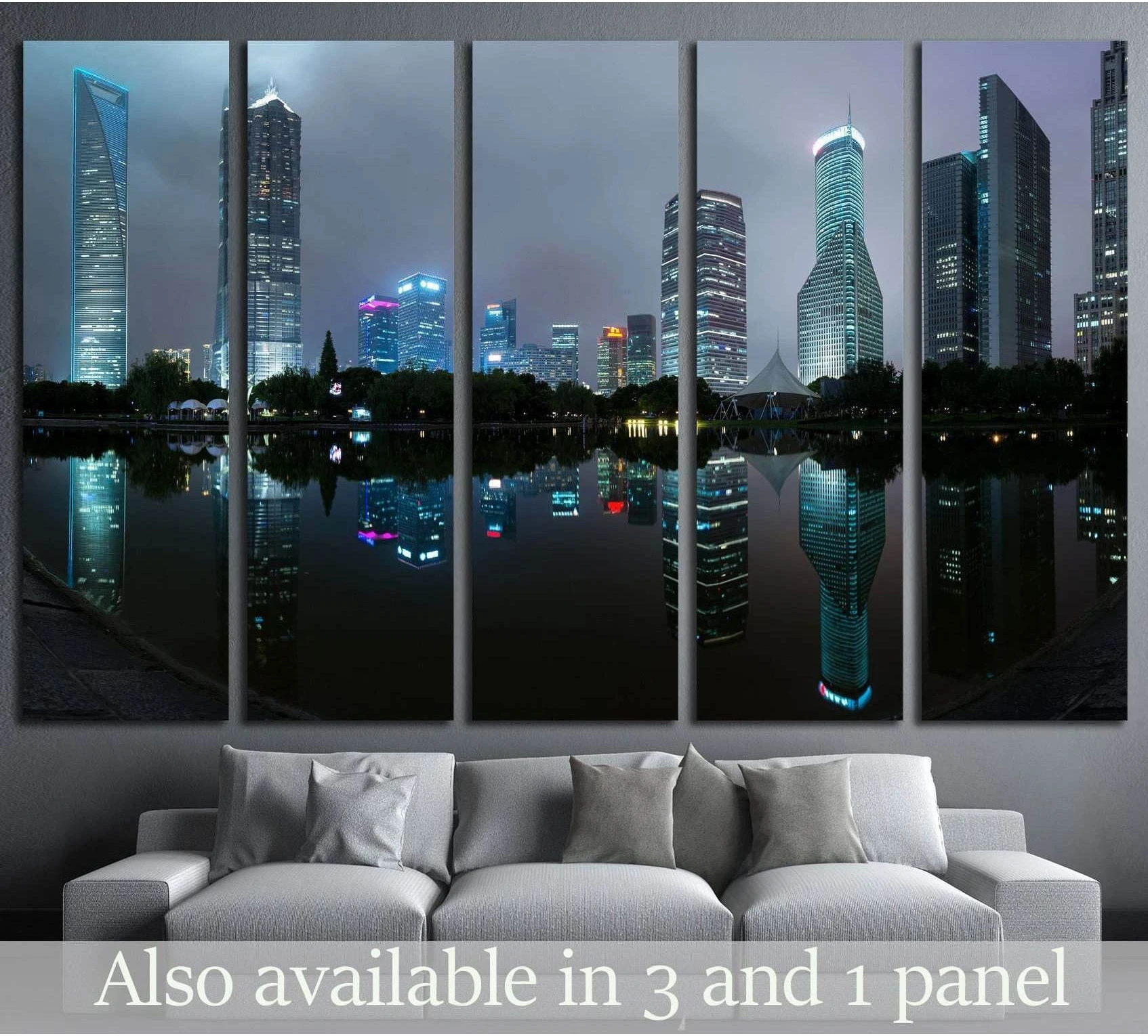 Shanghai skyline canvas print with illuminated skyscrapers reflected in calm water at dusk