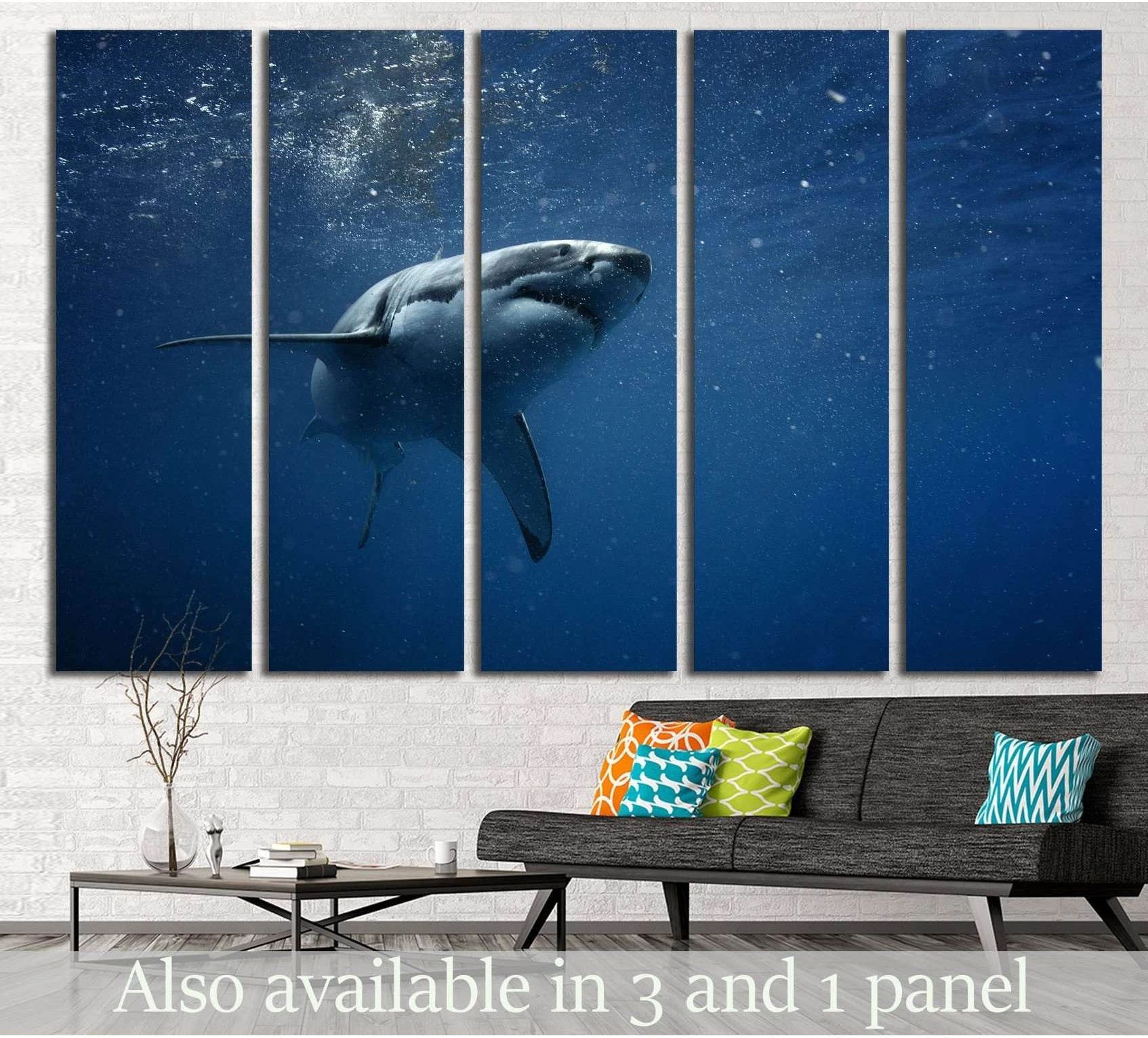 Shark showing blue ocean wall art with water and coastal depth.