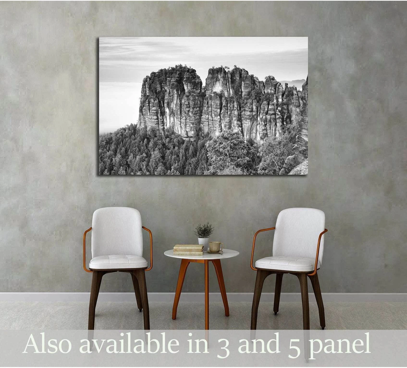Black and white Schrammsteine sandstone cliffs canvas print above chairs in a modern waiting room