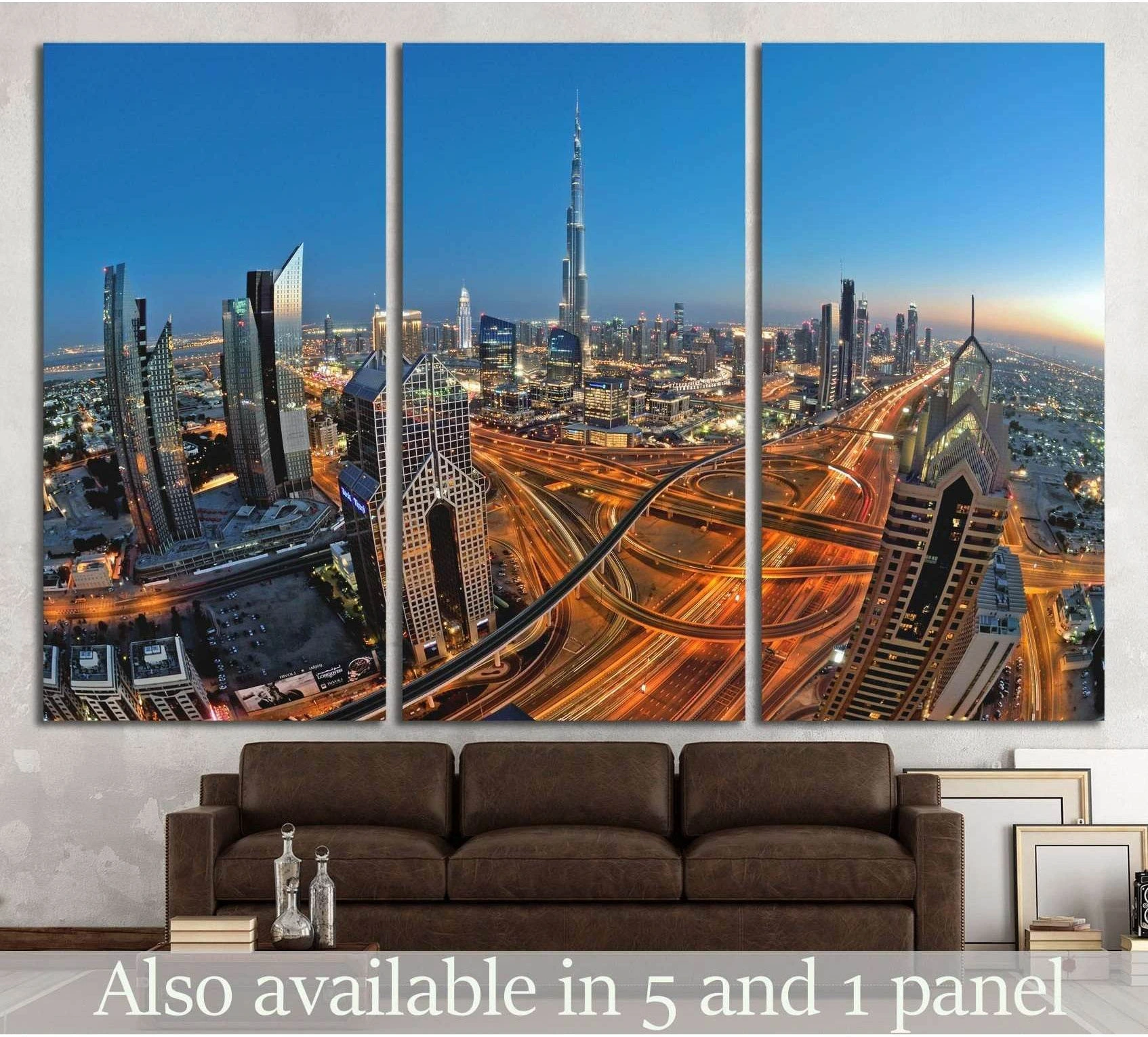 Dubai skyline triptych canvas print with Burj Khalifa and Sheikh Zayed Road above a sofa