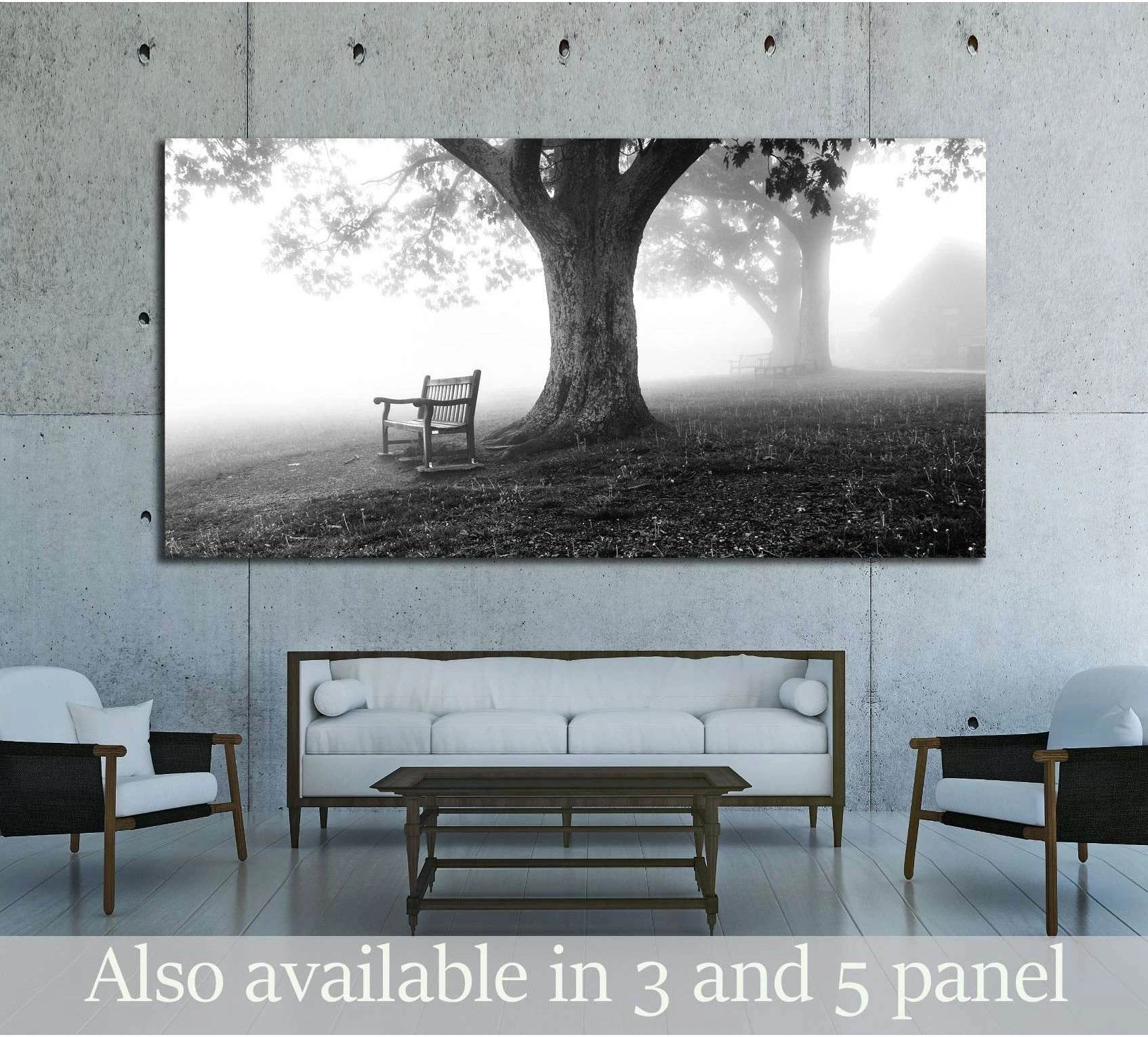Misty Tree and Bench Canvas Print | Monochrome Foggy chosen as grey-blue bedroom landscapes for soft mist and bedroom-friendly contrast.
