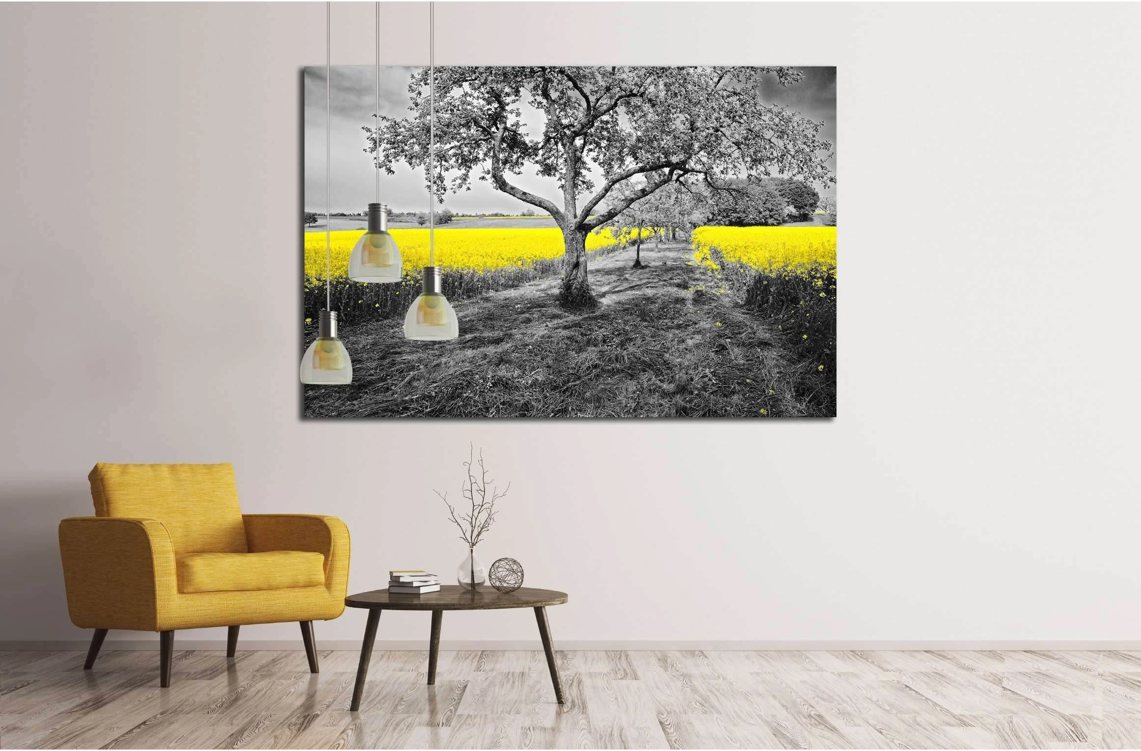 Shining yellow oilseed rape fields in a black and white landscape №2684 Ready to Hang Canvas Print - Zellart Canvas Prints ALL_Products, s-2684