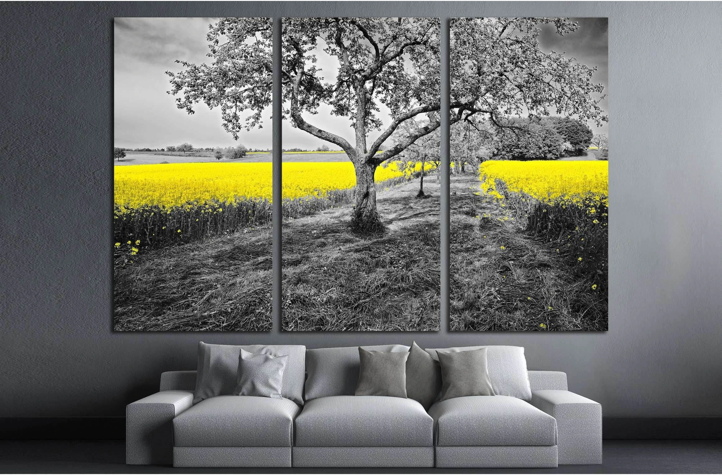 Shining yellow oilseed rape fields in a black and white landscape №2684 Ready to Hang Canvas Print - Zellart Canvas Prints ALL_Products, s-2684