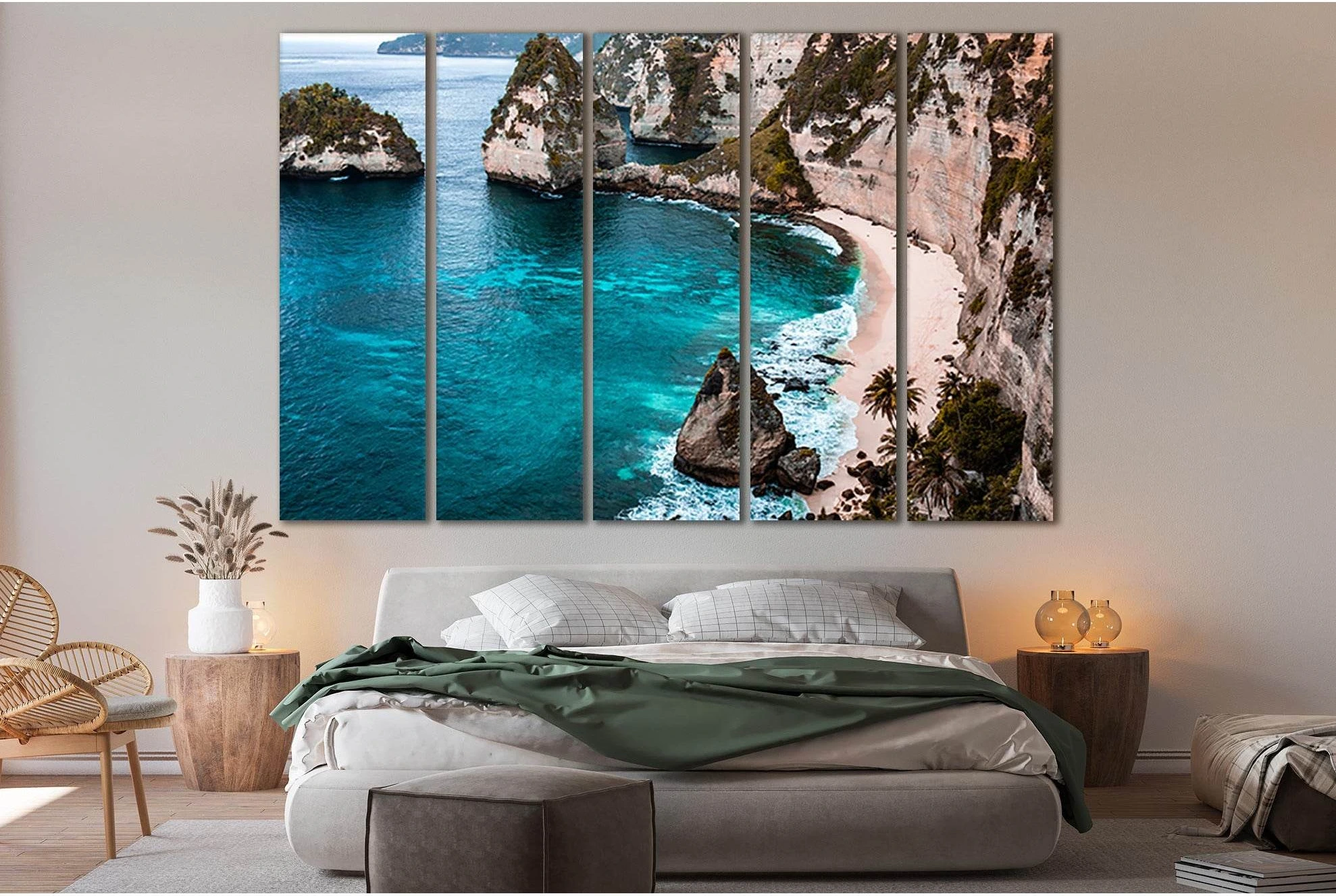 Turquoise Ocean Shore Seascape Canvas Wall Art, Five-Panel showing sea water, shoreline and horizon depth.