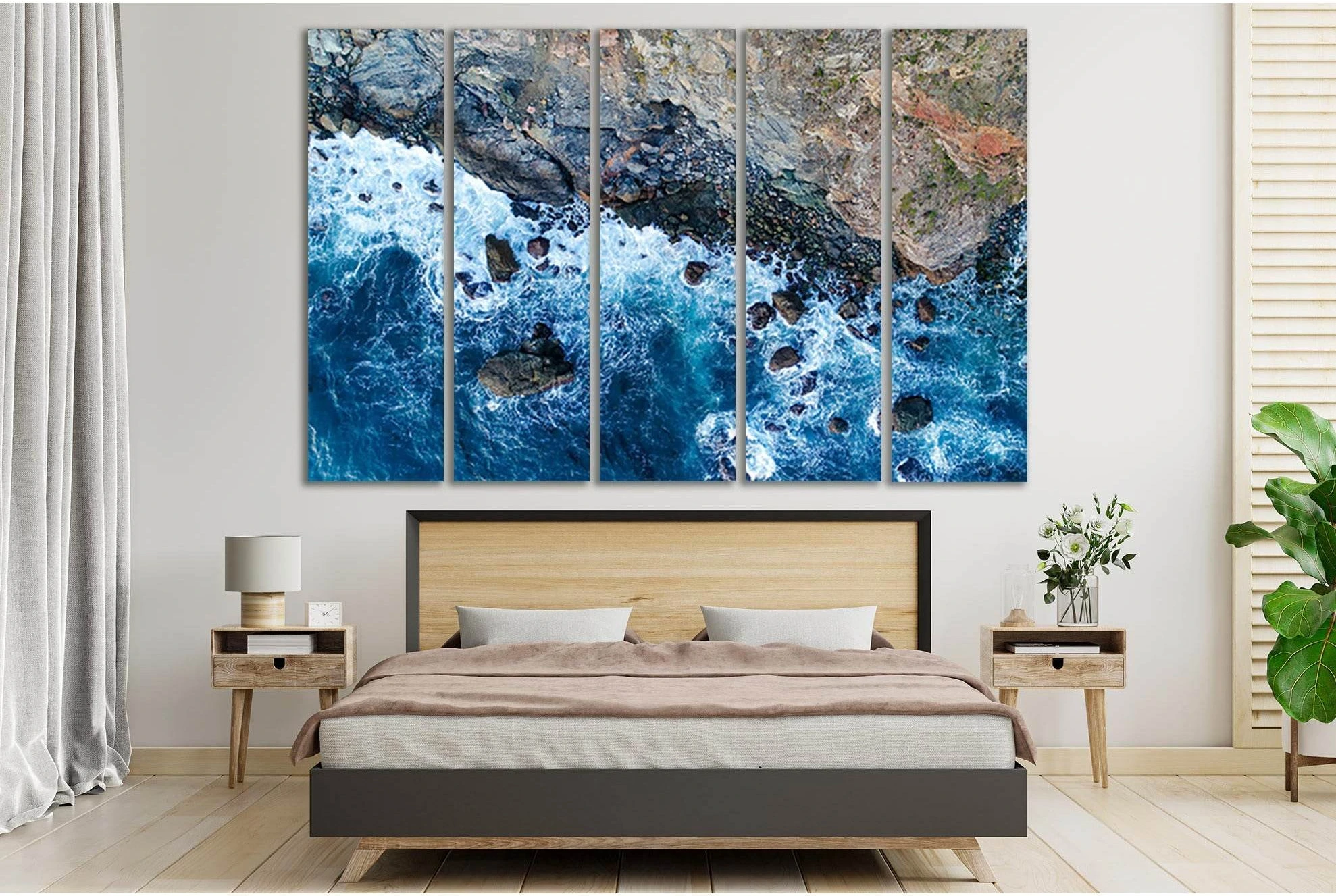 Blue Ocean Shoreline Wall Art with Foamy Surf & Rocks Canvas Print showing ocean water, wave movement and surf.